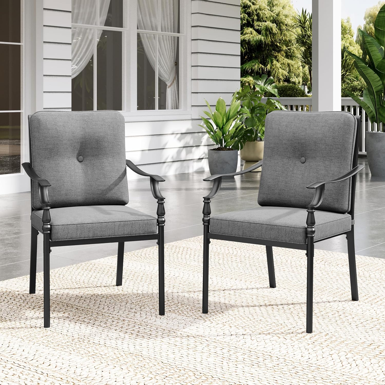 Sophia & William Outdoor Patio Dining Chairs Set of 2, Heavy Duty Outdoor Furniture Chairs with Thickened Cushions, Wrought Iron Deck Chairs for Backyard, Poolside, Balcony and Garden