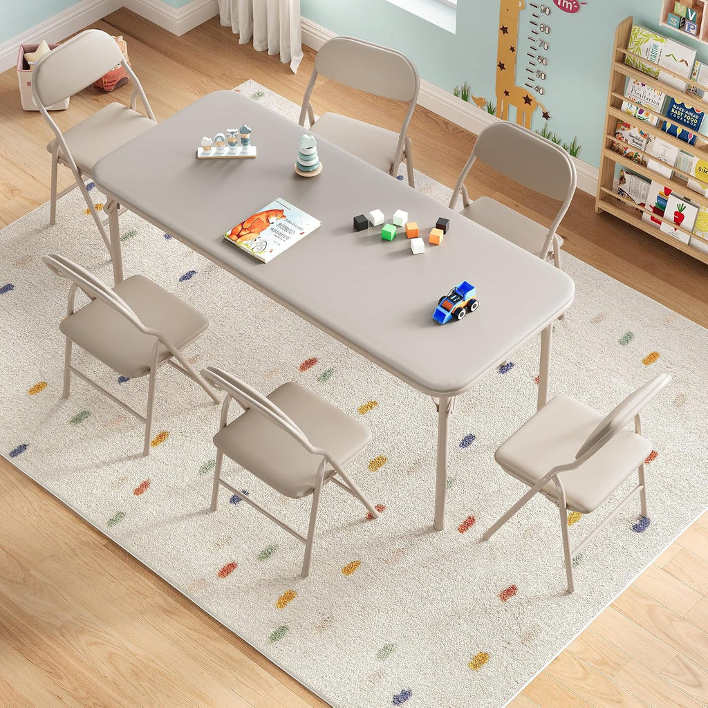 IDEALHOUSE 7 Piece Folding Kids Table and Chairs Set, Children Activity Table and Chairs Set for Dining Room,Daycare,Classrooms