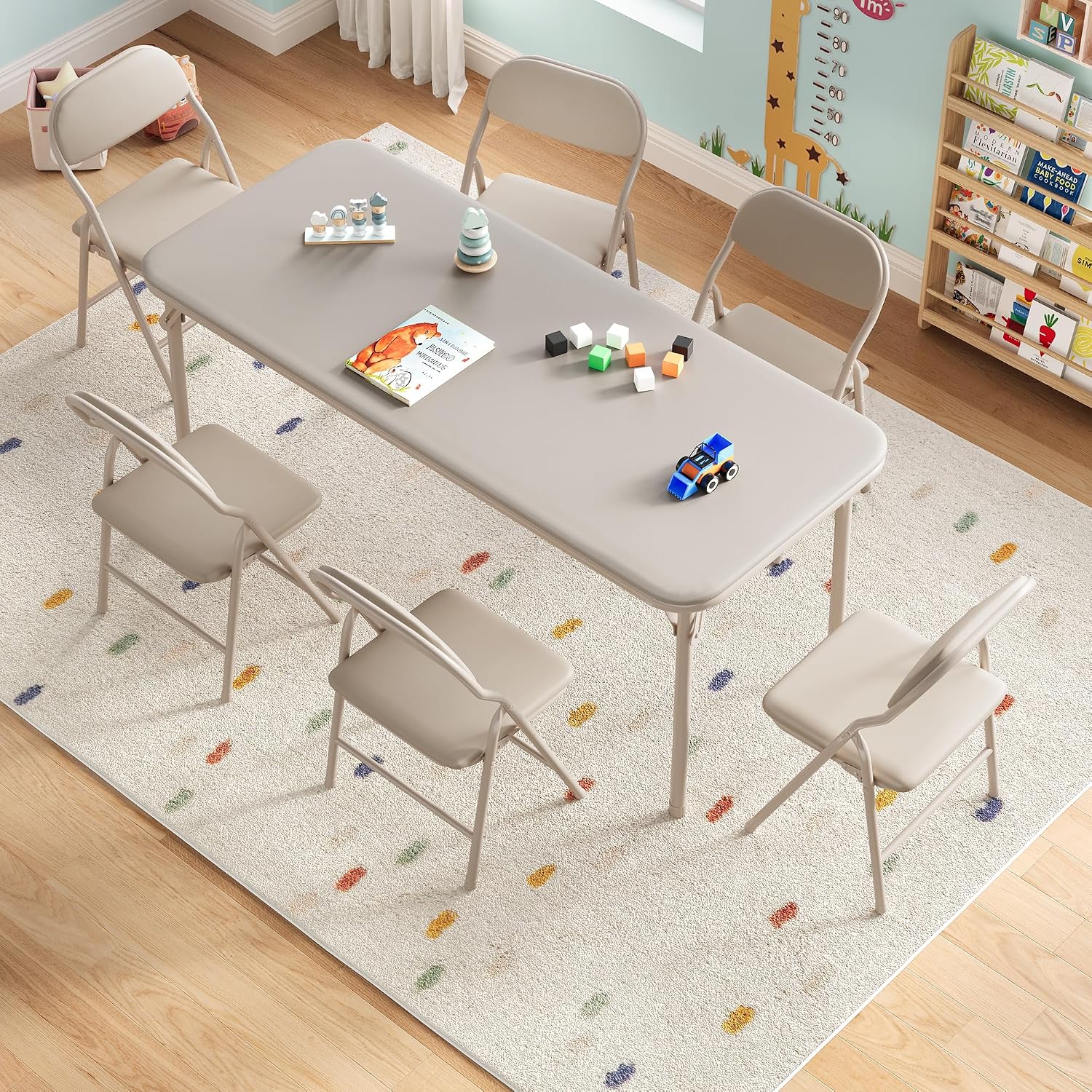 IDEALHOUSE 7 Piece Folding Kids Table and Chairs Set, Children Activity Table and Chairs Set for Dining Room,Daycare,Classrooms
