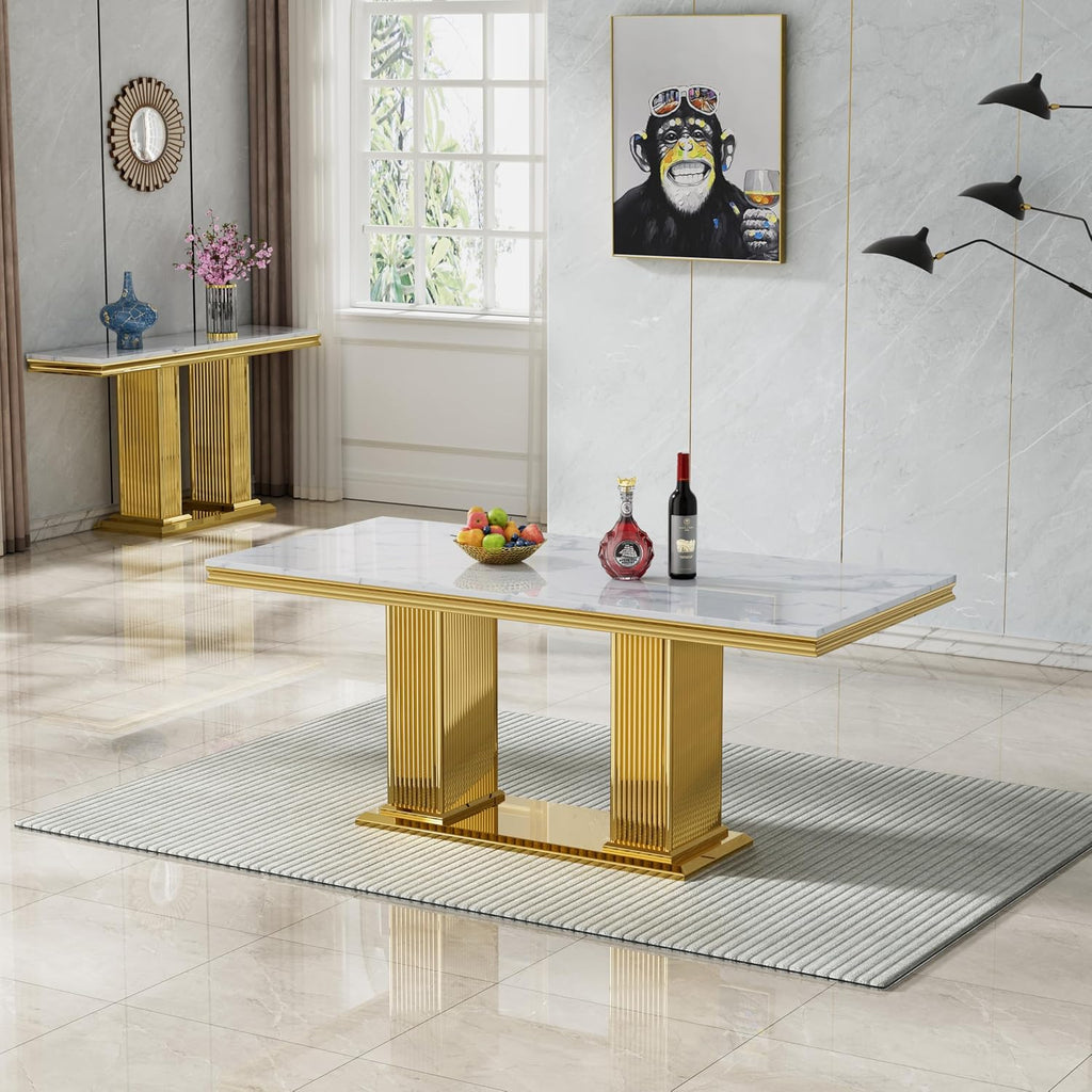 68' White Marble Dining Table for 6 to 8, Luxury Large Rectangular Faux Marble Tabletop & Gold Double Pedestal Base, Mid Century Modern Kitchen Dining Room Table for Dinner Family Gathering