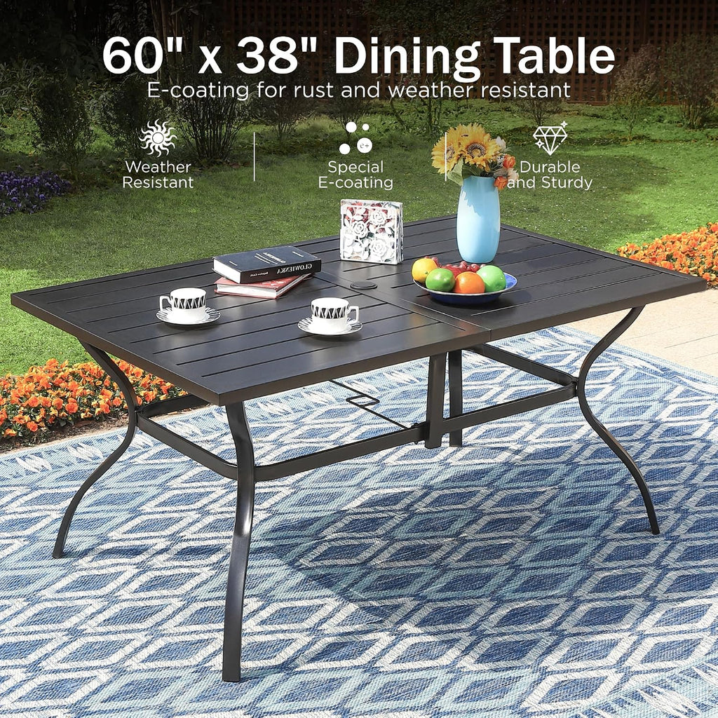 PHI VILLA Outdoor Dining Table for 6, 60' Long Rectangular Metal Wrought Iron Table with Umbrella Hole, All-Weather Large Furniture for Patio, Backyard, Porch