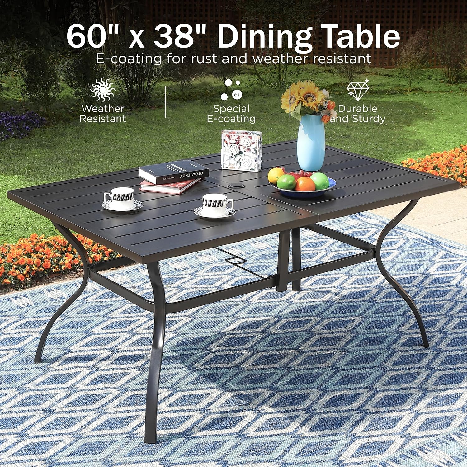 PHI VILLA Outdoor Dining Table for 6, 60' Long Rectangular Metal Wrought Iron Table with Umbrella Hole, All-Weather Large Furniture for Patio, Backyard, Porch