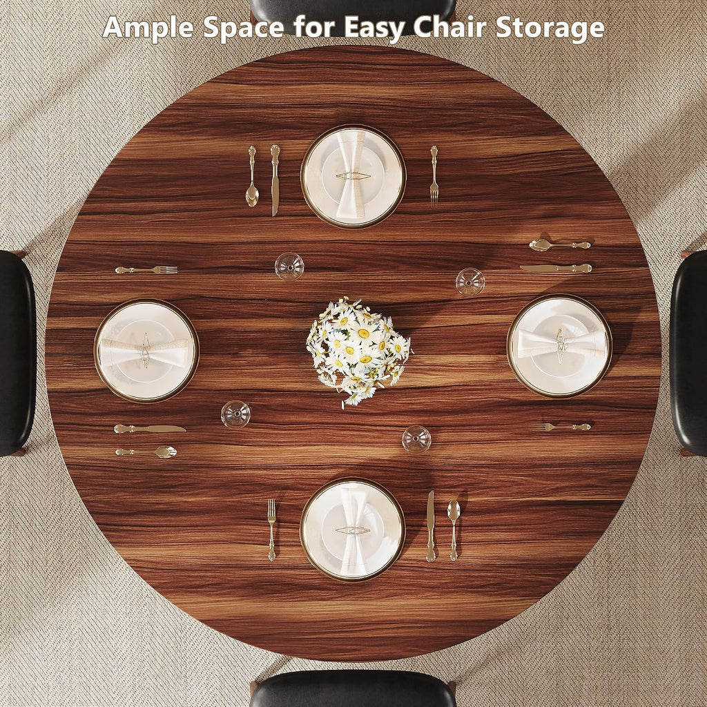 Einhomn Round Dining Table for 4-6, Kitchen Table with Sturdy Double Arc & Rounded Base & Backboard Clasp Desktop, Mid-Century Modern Circle Dinner Table for Dining Living Room, Space Saving, Walnut