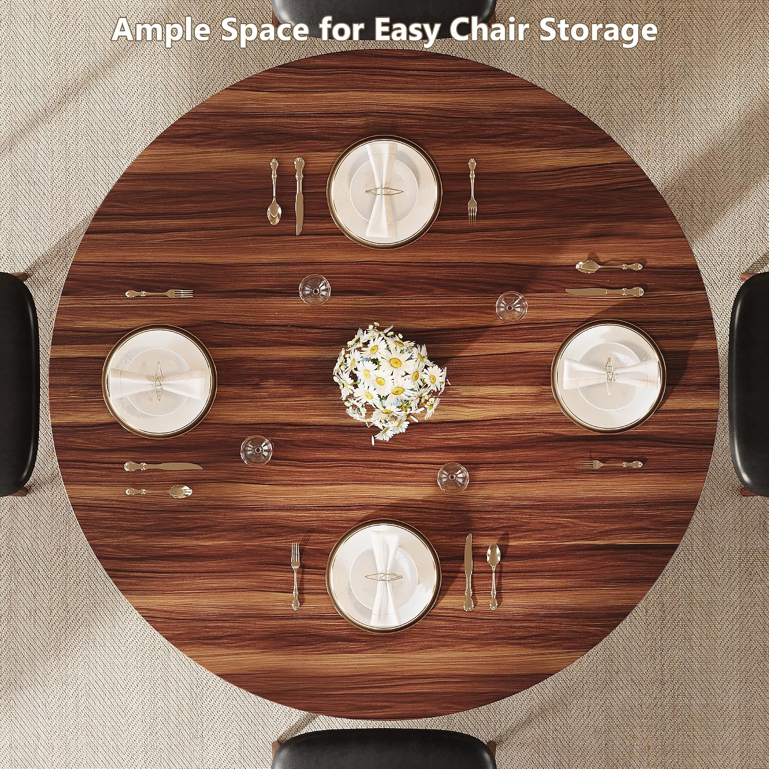 Einhomn Round Dining Table for 4-6, Kitchen Table with Sturdy Double Arc & Rounded Base & Backboard Clasp Desktop, Mid-Century Modern Circle Dinner Table for Dining Living Room, Space Saving, Walnut