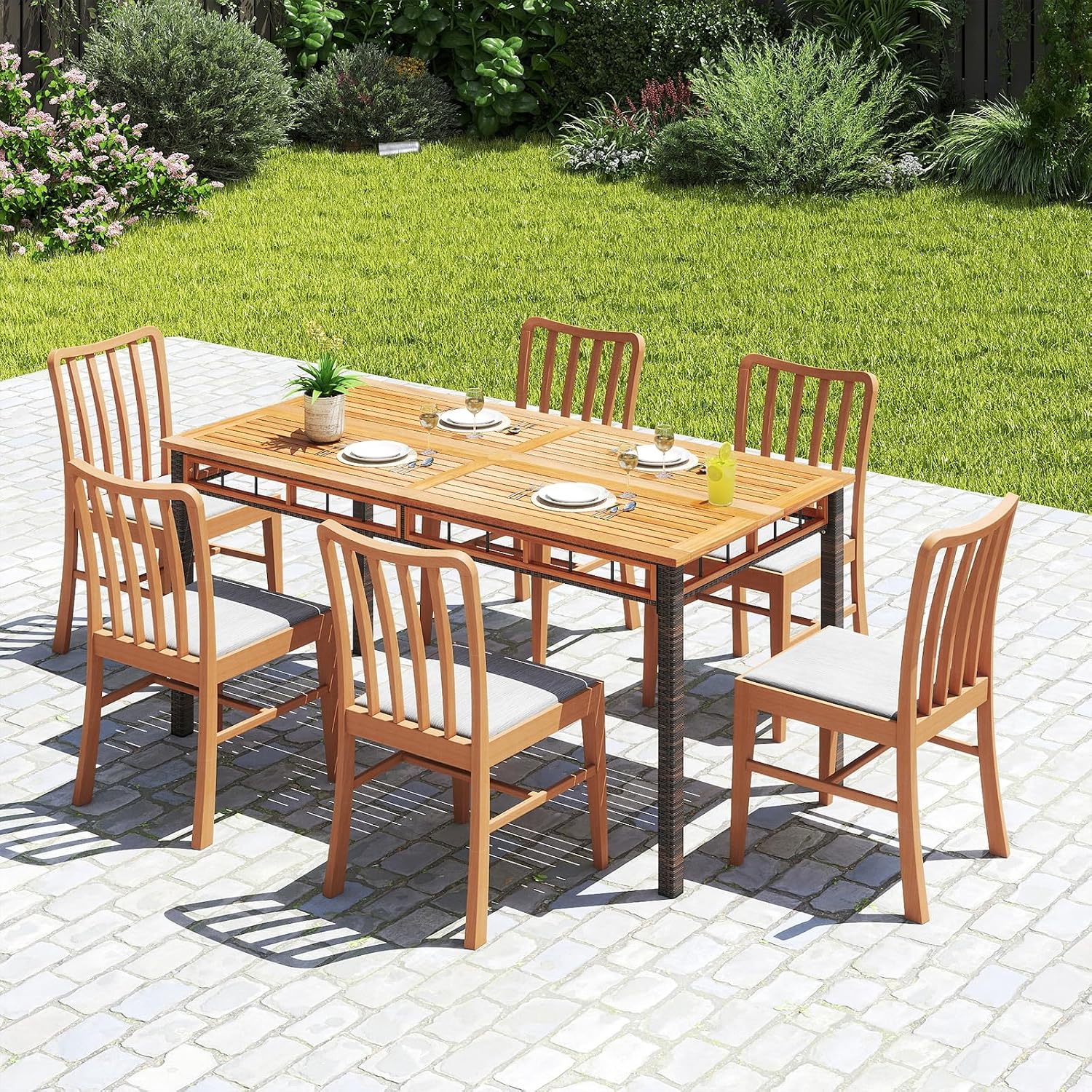 HAPPYGRILL Acacia Wood Outdoor Dining Table 63', 4-6 Person Rectangular Metal Patio Table with Umbrella Hole and Rattan Legs, Slatted Outdoor Furniture for Garden, Poolside, Backyard and Deck