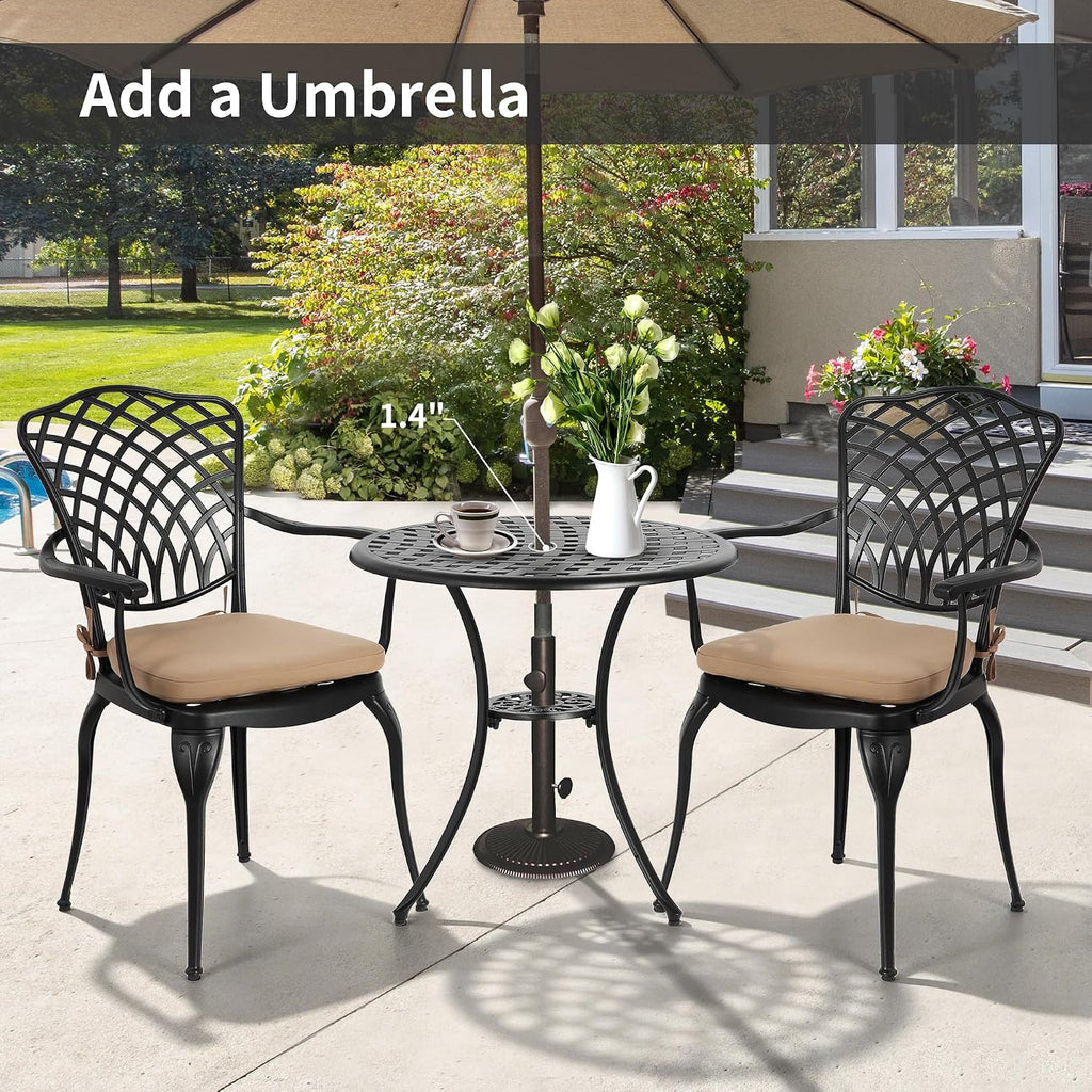 HOMEFUN Thickened Heavy-Duty Cast Aluminum Outdoor 3 Piece Patio Bistro Set of 2 with Armrests & Padded Cushion, Ultra Sturdy Rustproof All-Weather for Garden Balcony， White
