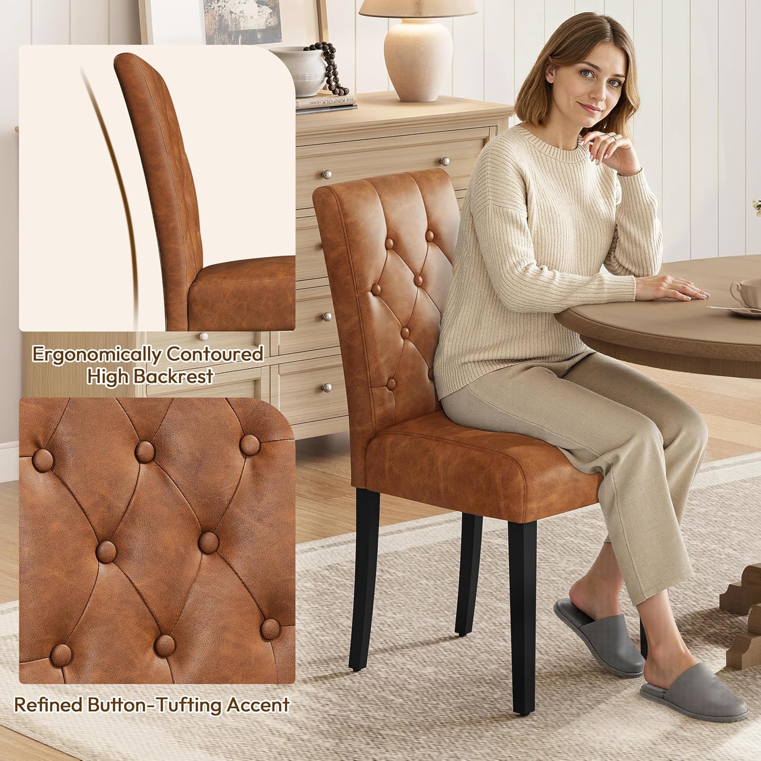 Yaheetech Dining Chairs Set of 6 Modern Style Faux Leather Dining Room Chairs with Solid Wood Legs and Button Tufted Padded for Home Kitchen, Retro Brown