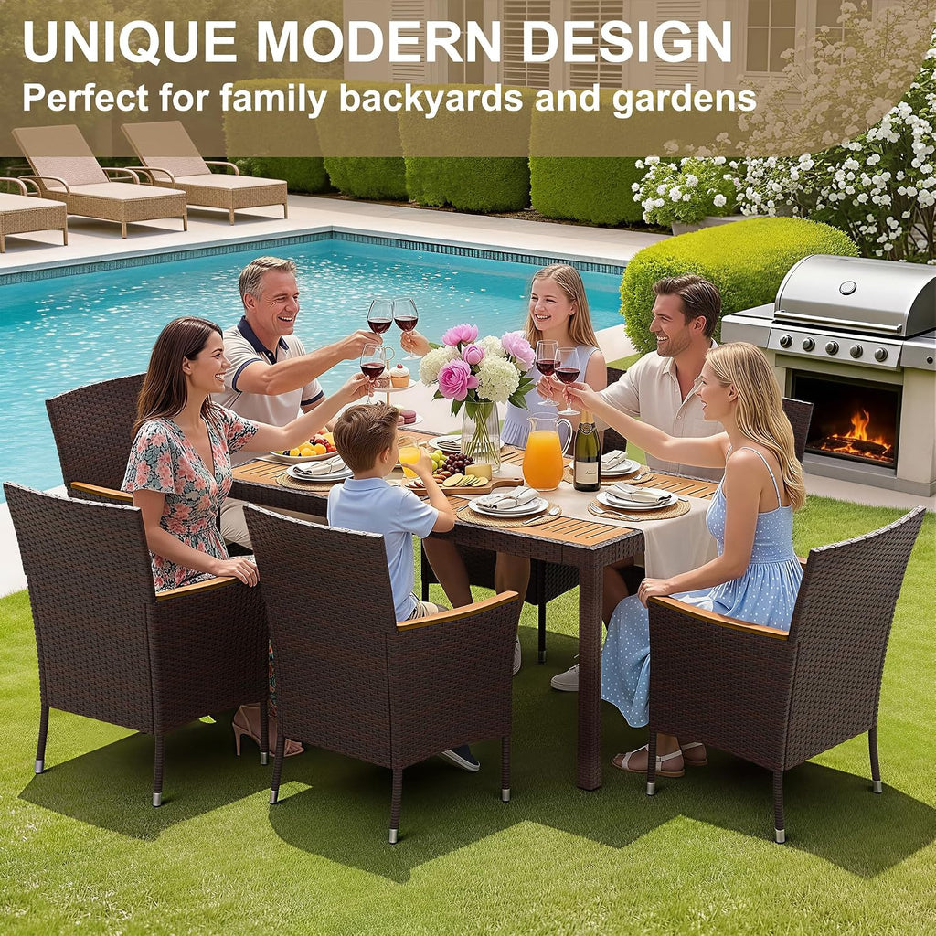 Devoko Dining 7 PCS Furniture, Patio Conversation Set with Acacia Wood Table Top, Outdoor, Beige Cushion and Brown Rattan