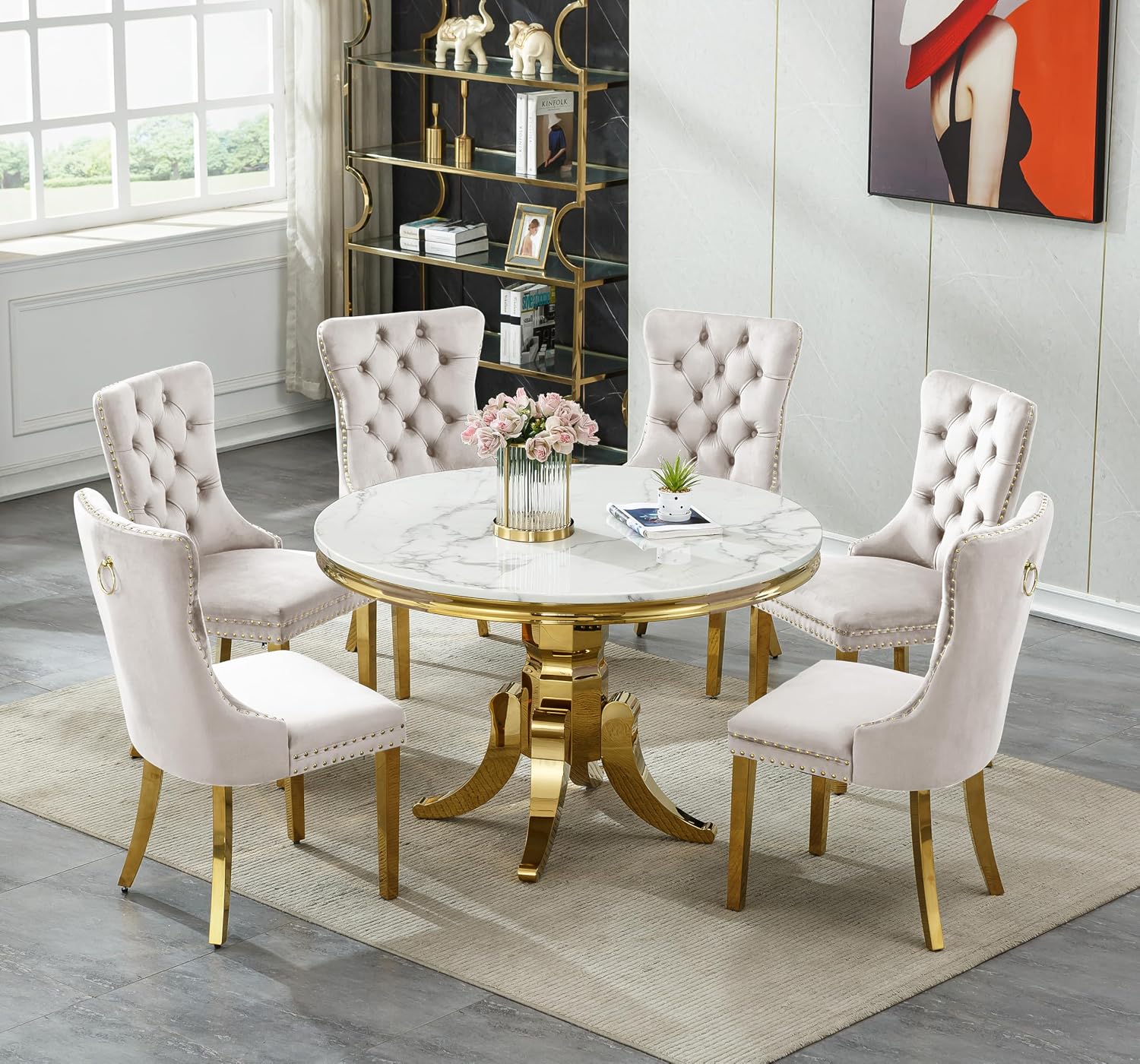 45 inch Round Marble Dining Table for 4 to 6, Modern Circular White Faux Marble Kitchen Table with Gold Stainless Steel Leg, Round Kitchen Dining Room Table for Breakfast Dinette Dinner Dinning Room