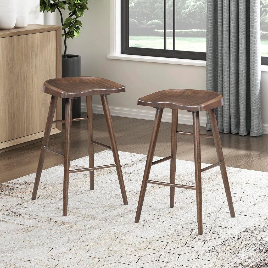 Lexicon Bar Height Stools Set of 2, Sturdy Acacia Wood Frame Saddle Seat Bar Chairs, Rustic Backless Kitchen Island Seating for Dining Room, Breakfast Nook, Brown