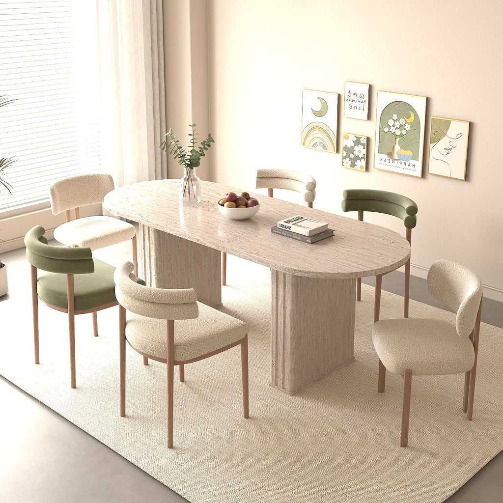 78.74' Extendable Dining Table for 4-8 People,Oval Travertine Inspired Kitchen Table with Wooden Strip Base for Family Living Room,Beige
