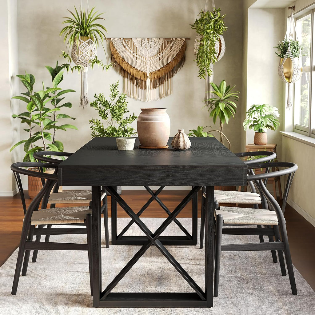 LITTLE TREE Dining Table for 4 People, 63-Inch Farmhouse Rectangle Kitchen Dinner Table for Dining Room, Kitchen, Living Room, Black