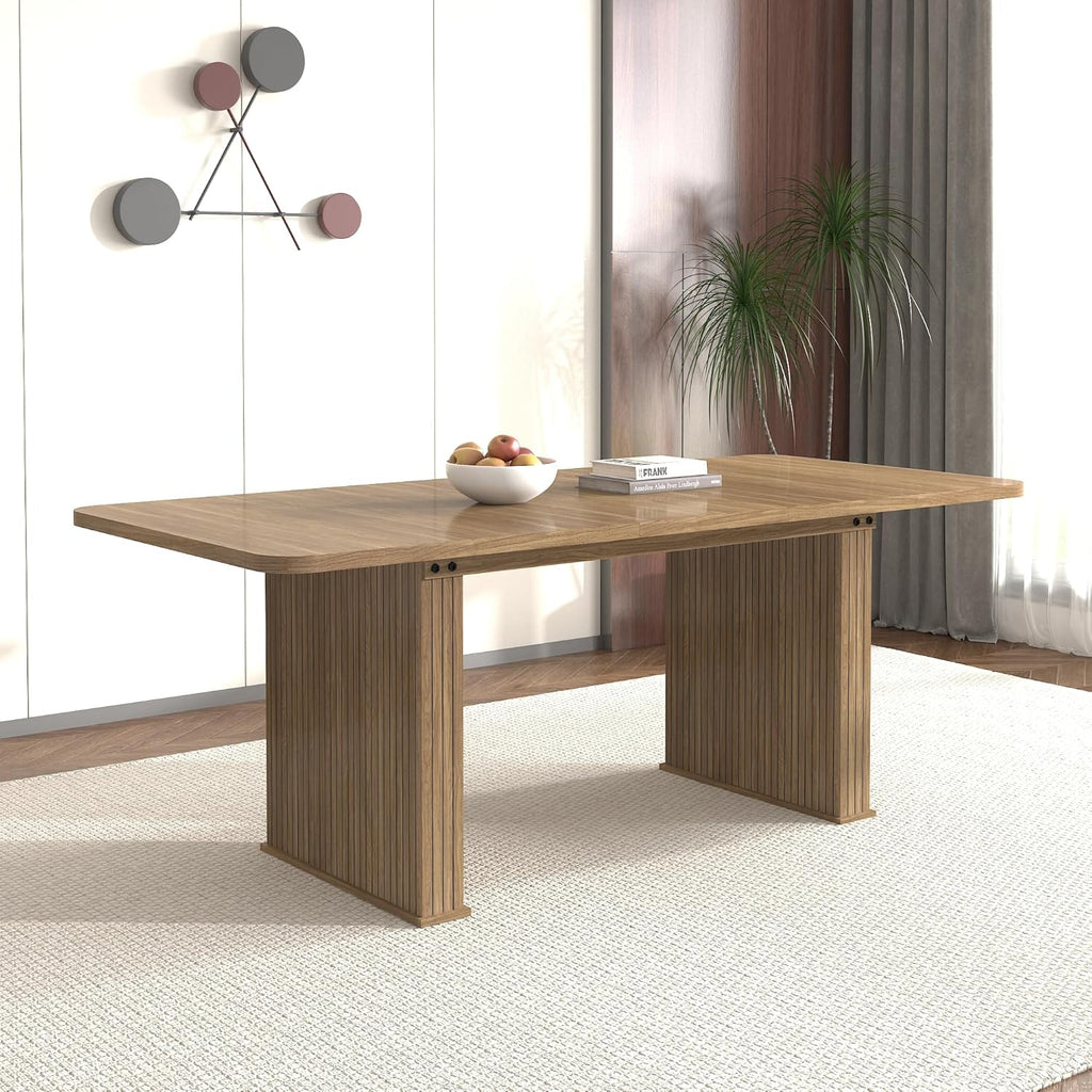 78.74'' Extendable Rectangular Dining Table for 4-8, Modern Mid-Century Wood Expandable Kitchen Dinner Conference Table for Living Room Office, Double Robust Pedestal, Brown