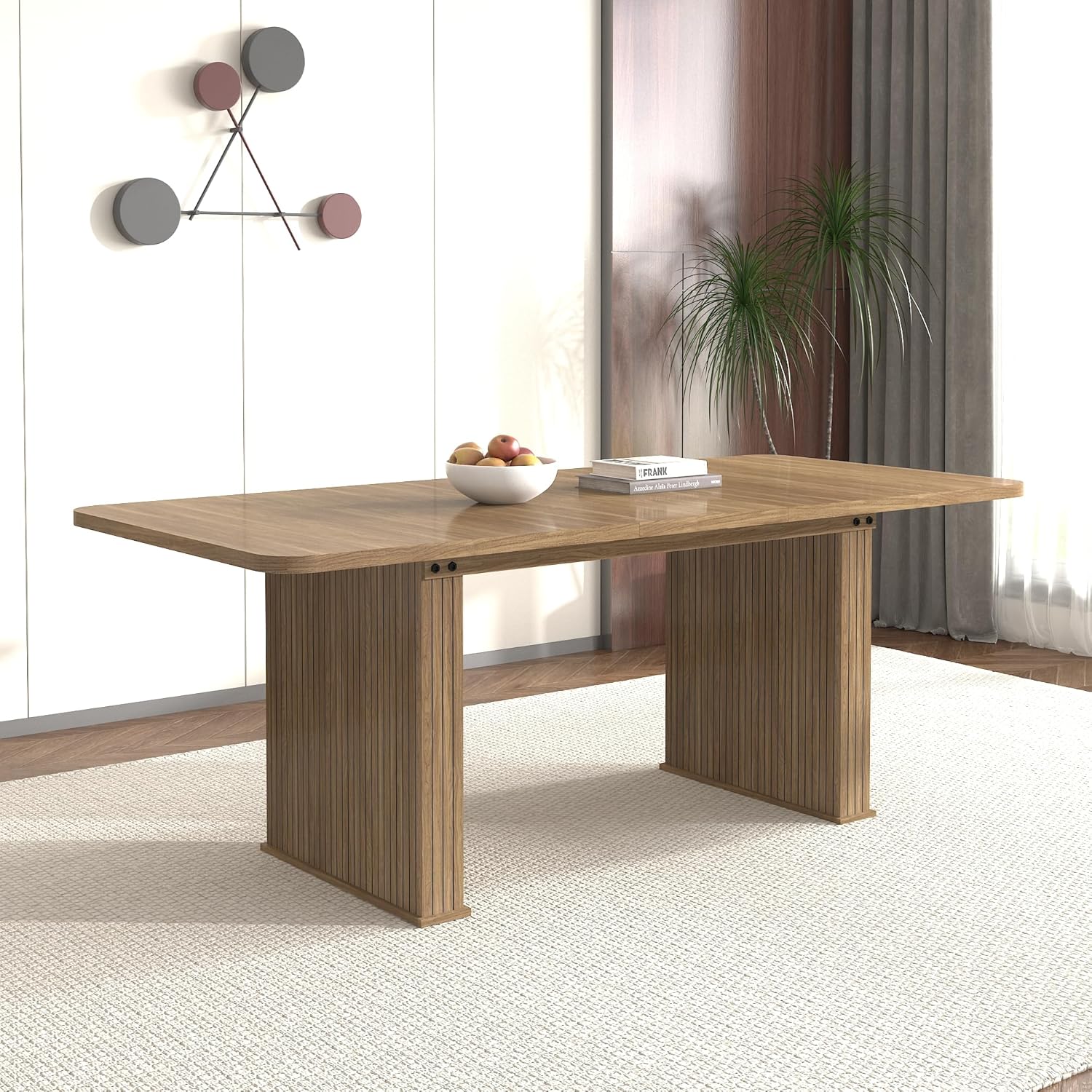 78.74'' Extendable Rectangular Dining Table for 4-8, Modern Mid-Century Wood Expandable Kitchen Dinner Conference Table for Living Room Office, Double Robust Pedestal, Brown