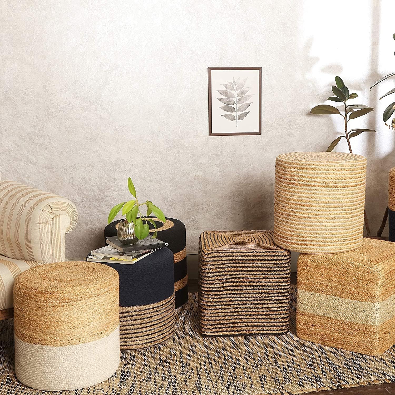 REDEARTH · Cube Pouf Foot Stool Ottoman - Jute Braided Pouffe Poof Accent Sitting Footrest for The Living Room, Bedroom, Nursery, Lounge 50% Jute 50% Cotton Set of 2 (14.5'X14.5'X16'; Natural Black)