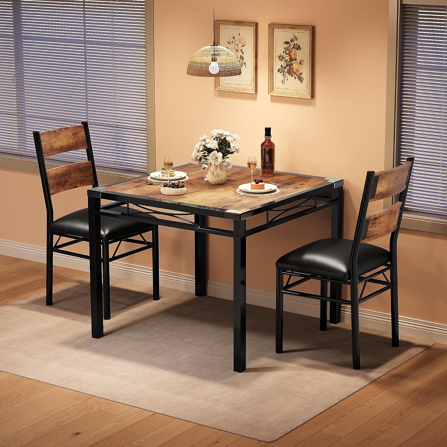 IDEALHOUSE Dining Table Set for 2, Dining Table with 2 Upholstered Chairs, Bistro Table and Chairs Set of 2 with Corner Protector for, Kitchen, Apartment, Retro Brown