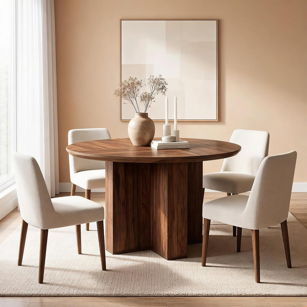 RedLemon Round Dining Table for 4 People, 47' Modern Wood Kitchen Table with Thick Stable Cross Pedestal Base & Curved Edge, Round Dinner Table for Dining Room, Kitchen (Rustic Walnut)