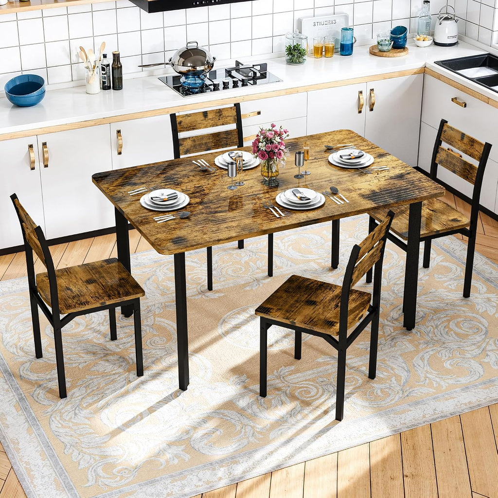 Recaceik Dining Table Set for 4 Wood Kitchen Table Chairs Set, 43 '' Farmhouse 5 Piece Dining Room Table Set, Space-Saving Dinette Set for Breakfast Nook, Apartment