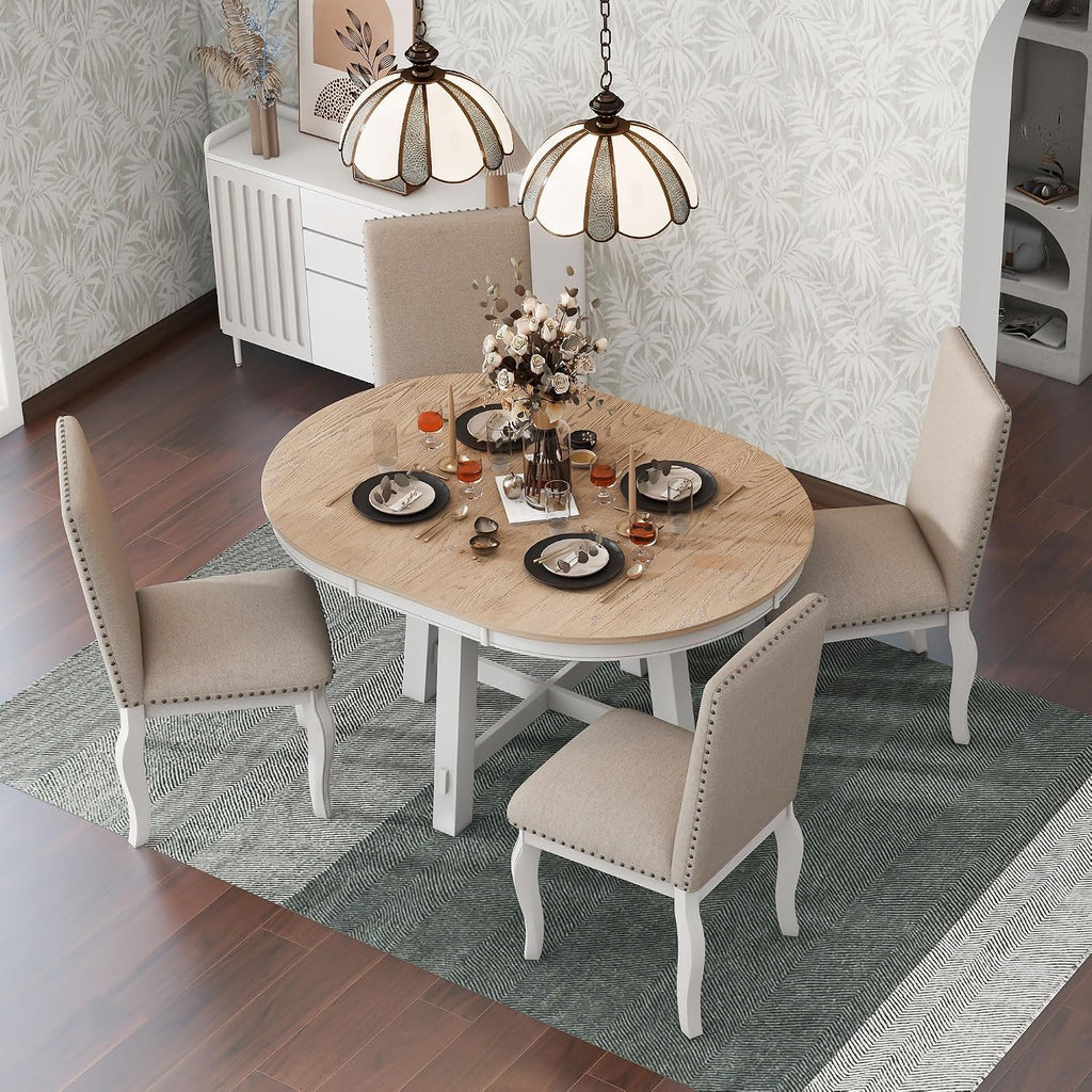 Harper & Bright Designs TREXM 5-Piece Farmhouse Dining Table Set Wood Round Extendable Dining Table and 4 Upholstered Dining Chairs (Oak Natural Wood + Antique White)