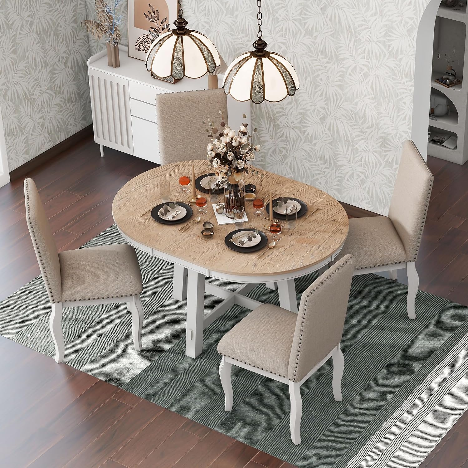 Harper & Bright Designs TREXM 5-Piece Farmhouse Dining Table Set Wood Round Extendable Dining Table and 4 Upholstered Dining Chairs (Oak Natural Wood + Antique White)