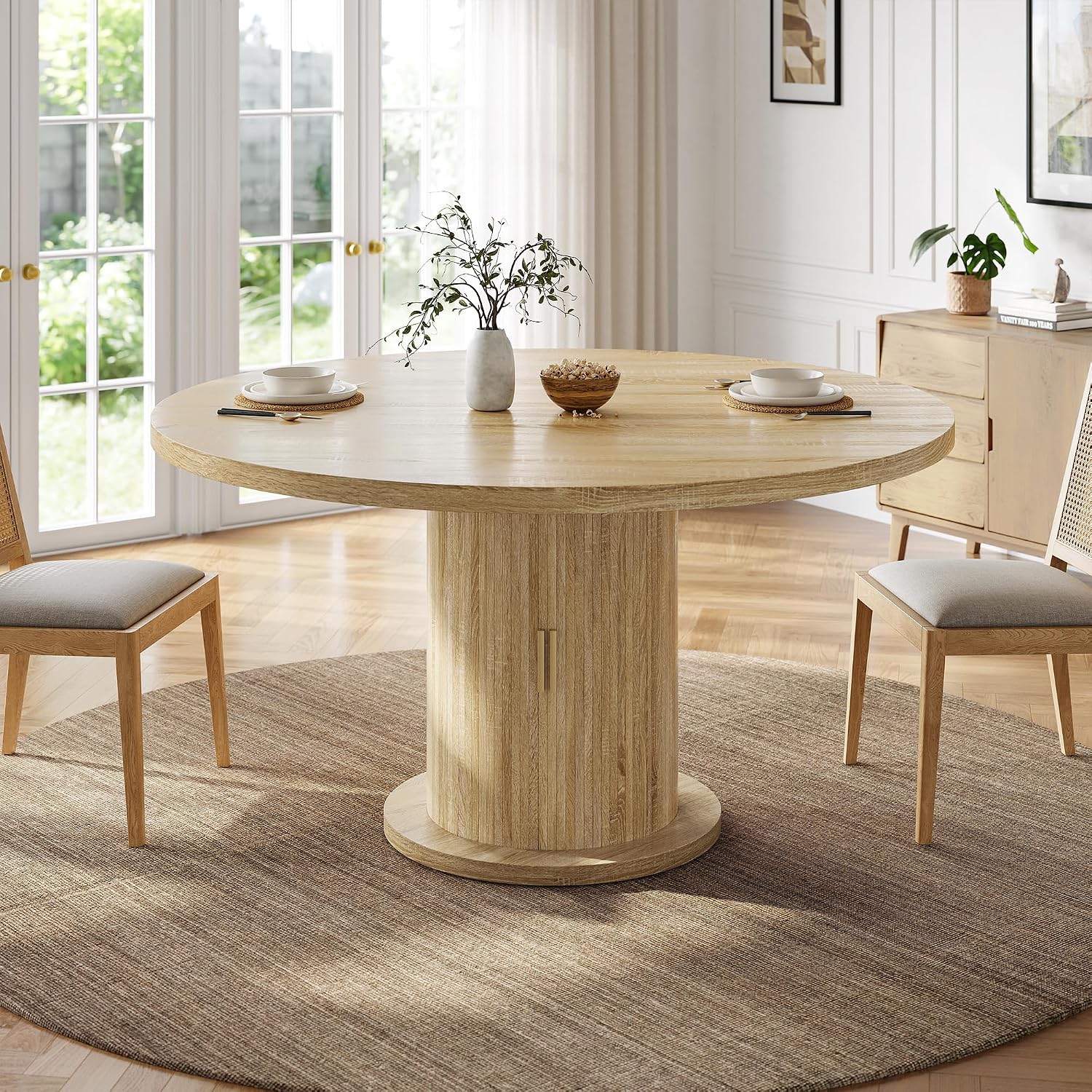 Round Dining Table for 4-6, 43.3' Modern Farmhouse Kitchen Table with Hidden Storage & Tambour Door, Japandi Style Wood Pedestal Circle Table for Small Spaces, Apartment, Dining Room, Classic Oak