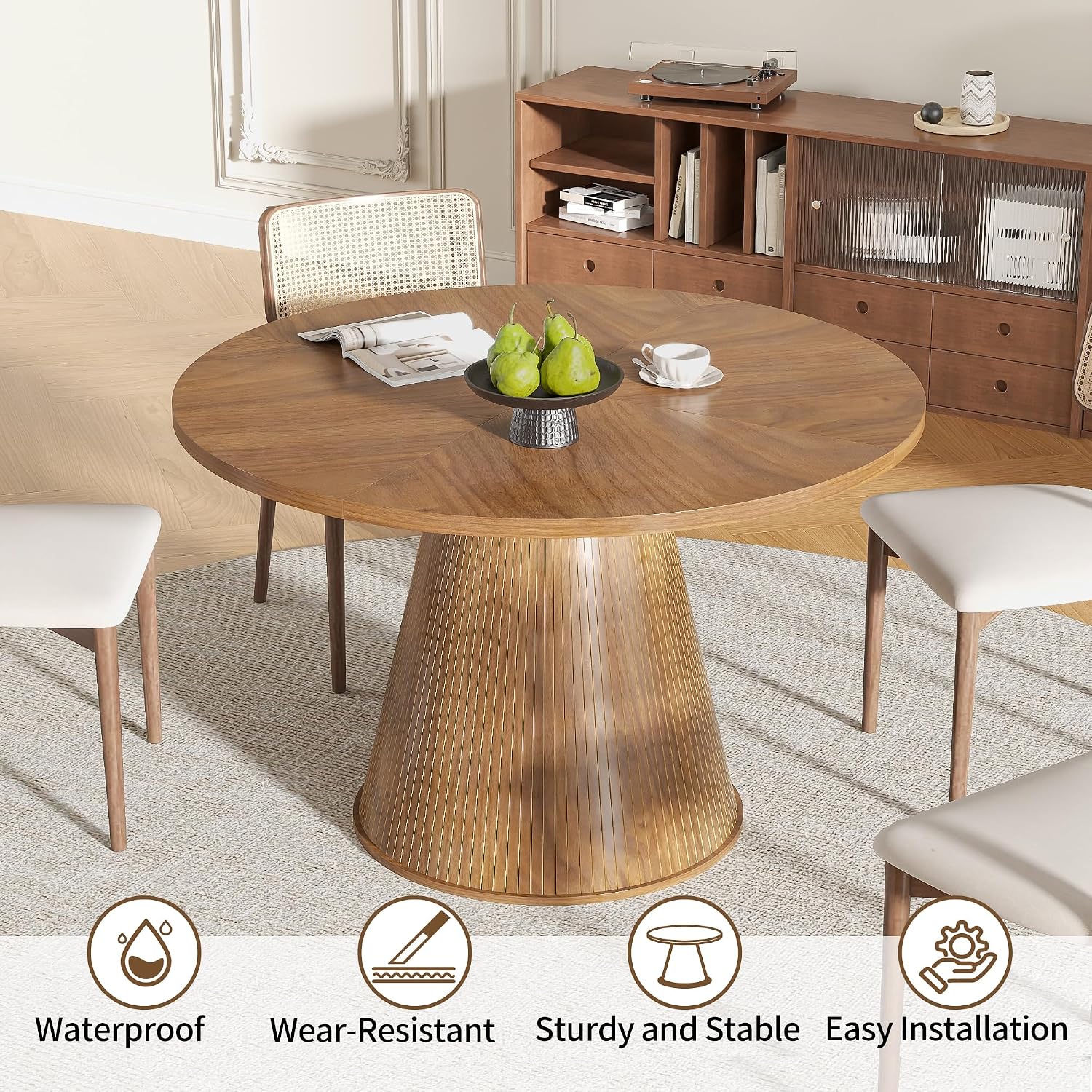 47 inch Round Dining Table for 4-6, Circle Kitchen Table with Sturdy Tapered Base, Mid Century Modern Fluted Dining Tables for Dining Room, Kitchen, Living Room (Walnut, 47inch)