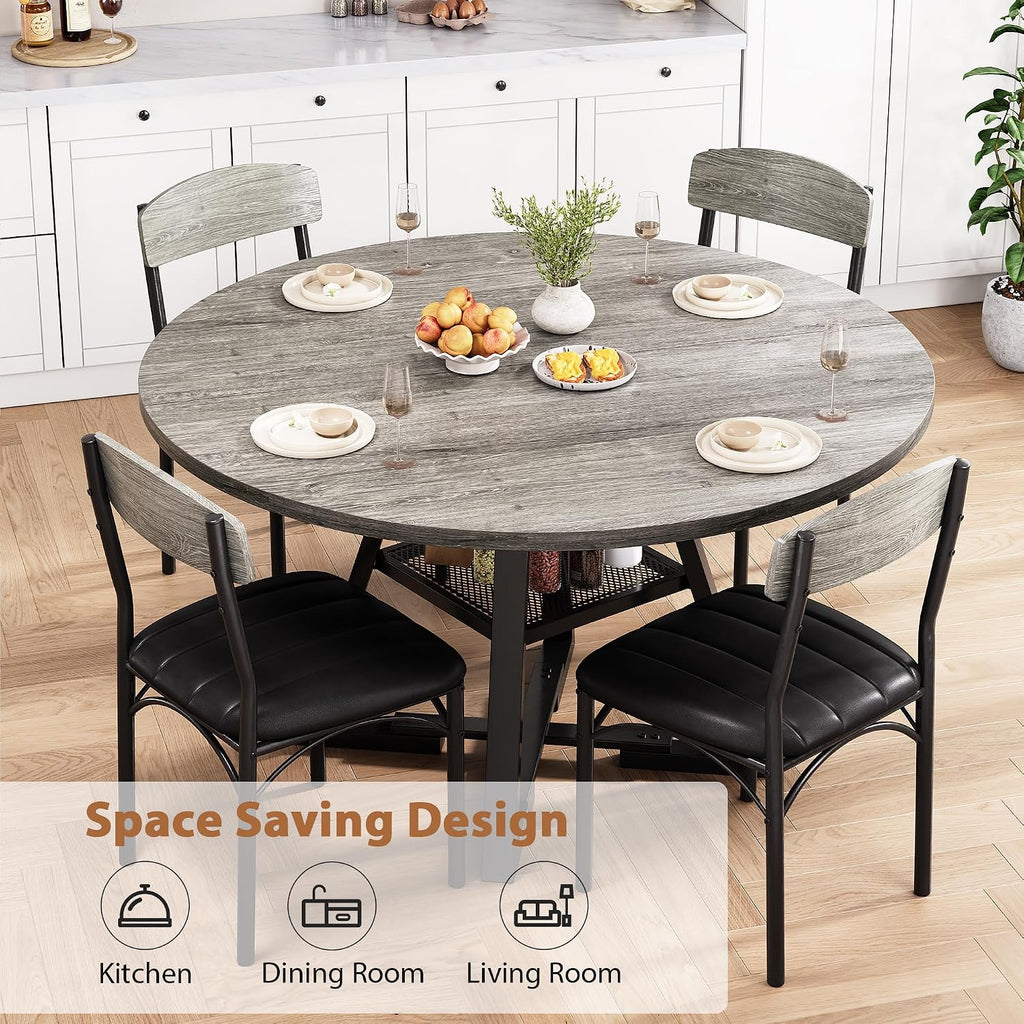 51' Round Dining Table Set for 6, Kitchen Table and Chairs for 4, Circle Table Round Pedestal Dining Room Dinner Dinette Table Set,5 Piece Space Saving Wood Kitchen & Dining Room Tables (Grey, 51In)