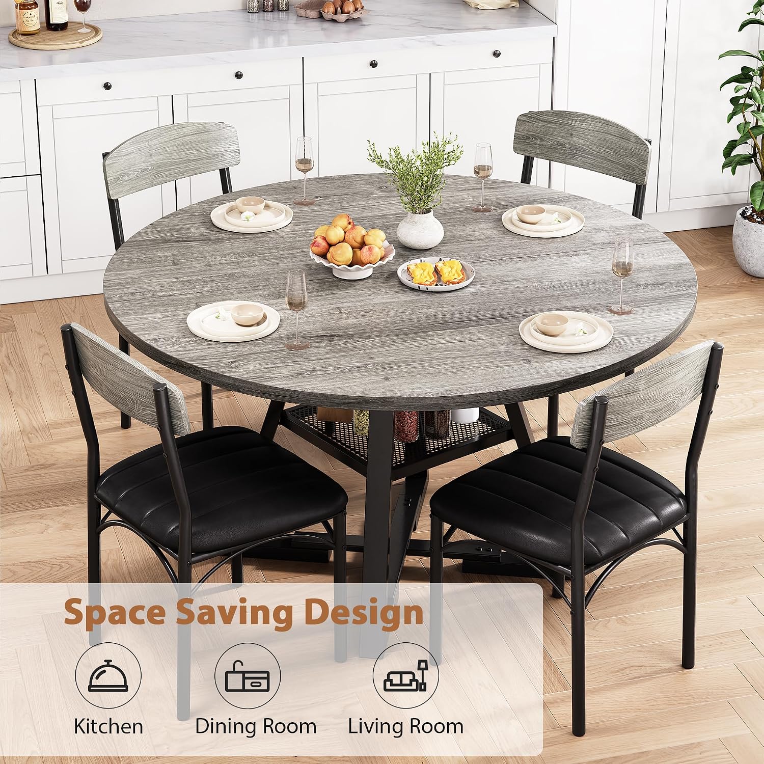 51' Round Dining Table Set for 6, Kitchen Table and Chairs for 4, Circle Table Round Pedestal Dining Room Dinner Dinette Table Set,5 Piece Space Saving Wood Kitchen & Dining Room Tables (Grey, 51In)