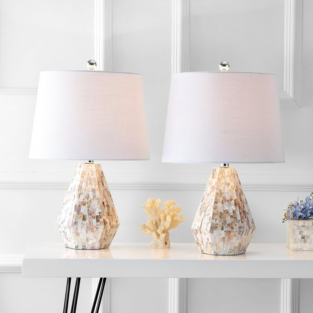 JONATHAN Y 21' Natural Ivory Seashell Mosaic Table Lamp Set of 2, Coastal Geometric Resin Bedside Lamps for Living Room Bedroom, White Linen Drum Shade, LED Bulbs Included JYL4004A-SET2