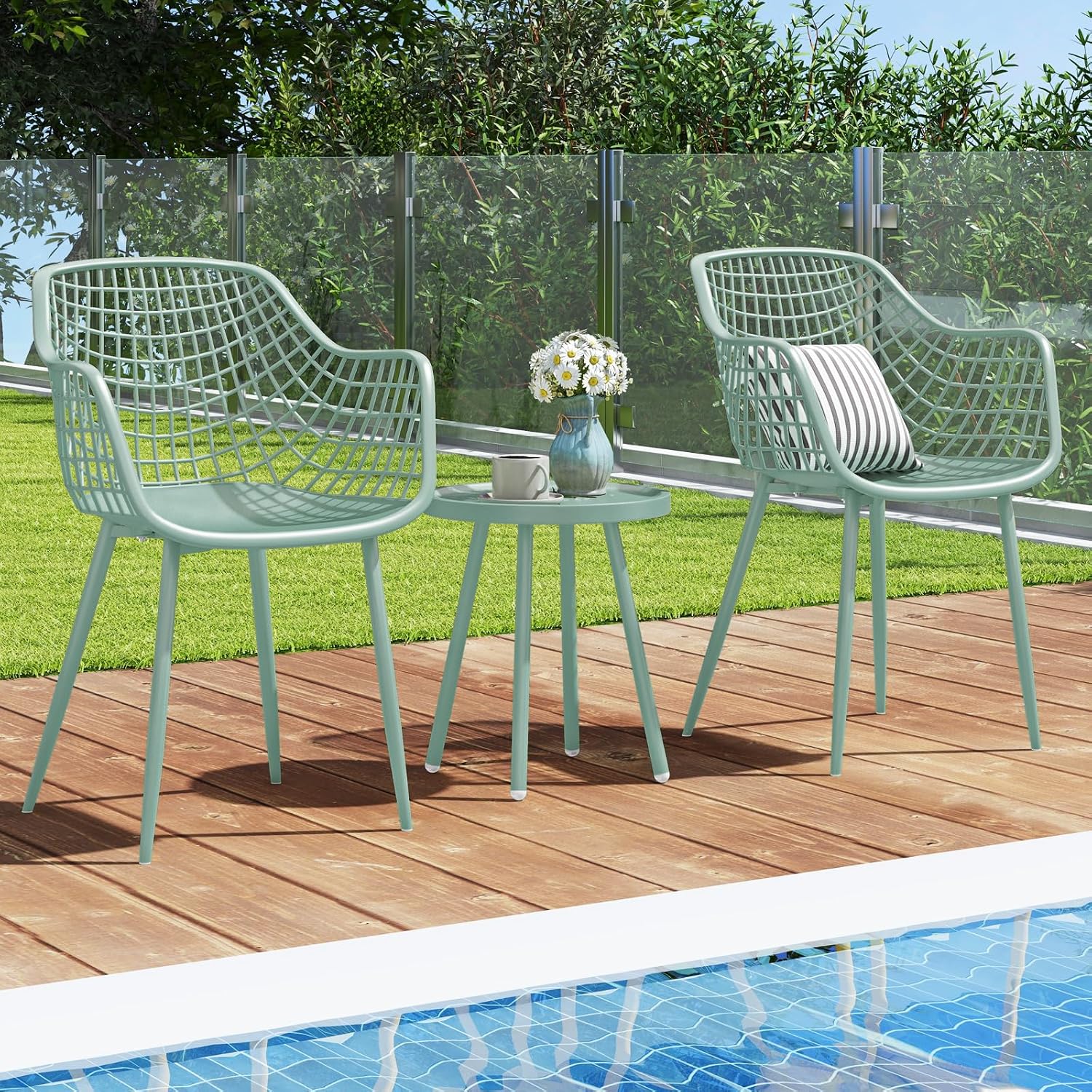 Tangkula 3 Piece Patio Bistro Set, All Weather Heavy Duty Table and Chairs Set of 2 with Widen Seats, Outdoor Furniture Set for Porch, Balcony, Backyard (Green)