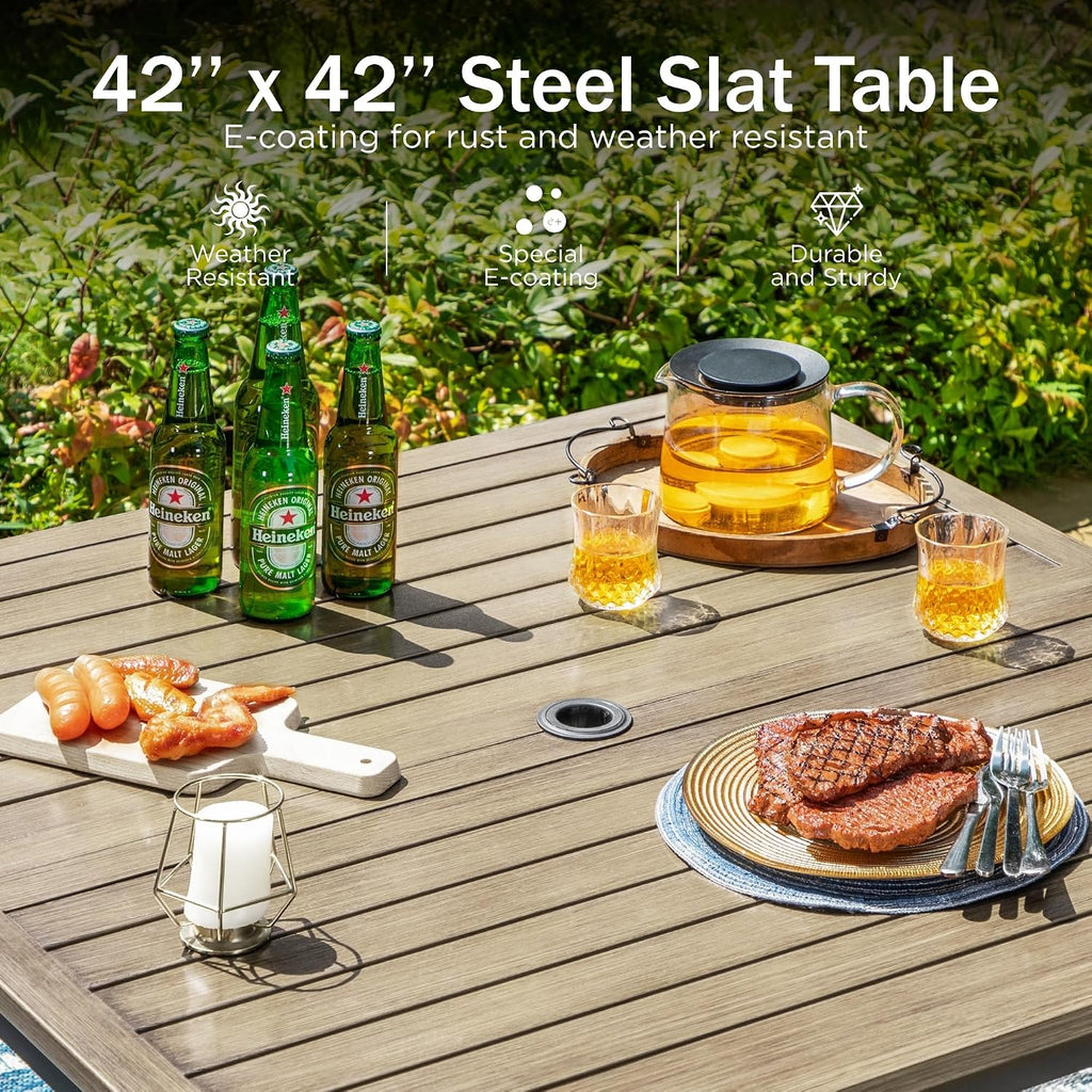 PHI VILLA Outdoor Patio Table, Square Metal Steel Slat Table with 1.57'- 1.9' Adjustable Umbrella Hole, Weather-Resistant Outdoor Dining Table for Garden Deck, 42' x 42' x 28.7', Brown