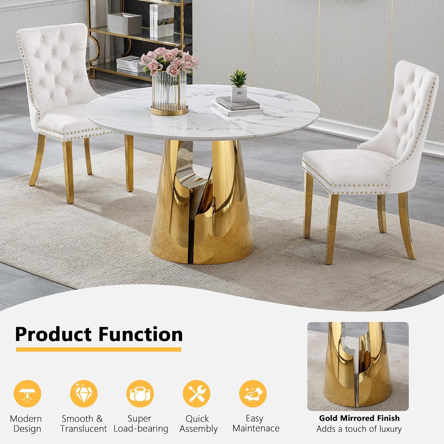 45 inch Round Dining Table for 4 to 6, Modern Circle Dining Table with White Faux Marble Tabletop & Golden Cylindrical Base, Small Kitchen Dining Room Table for Breakfast Dinette Dinner Dinning Room