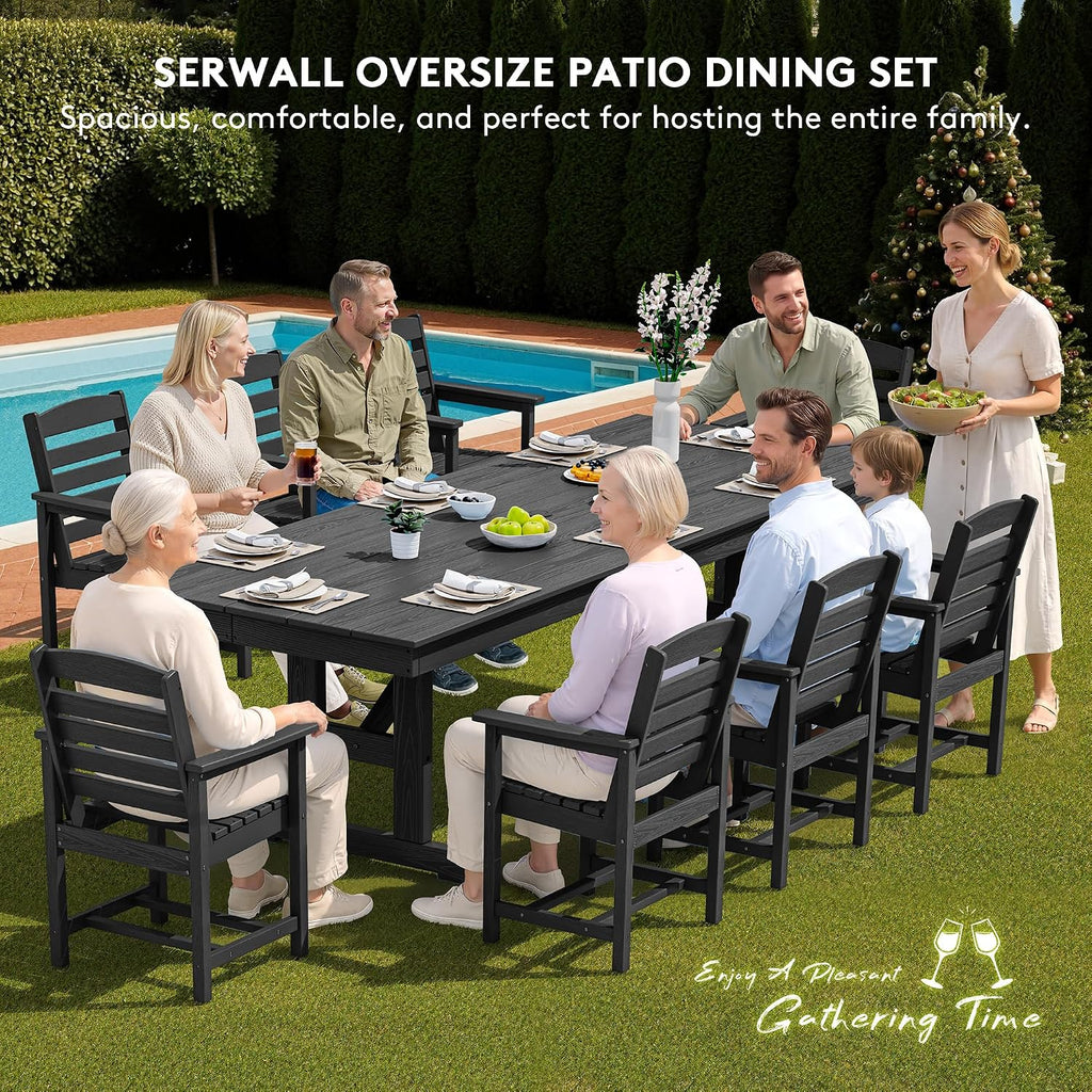 SERWALL 9 Piece Outdoor Dining Set, 84' HDPE Outdoor Table and Chairs for 8，All Weather Patio Dining Furniture Set with Umbrella Hole for Backyard, Garden, Black