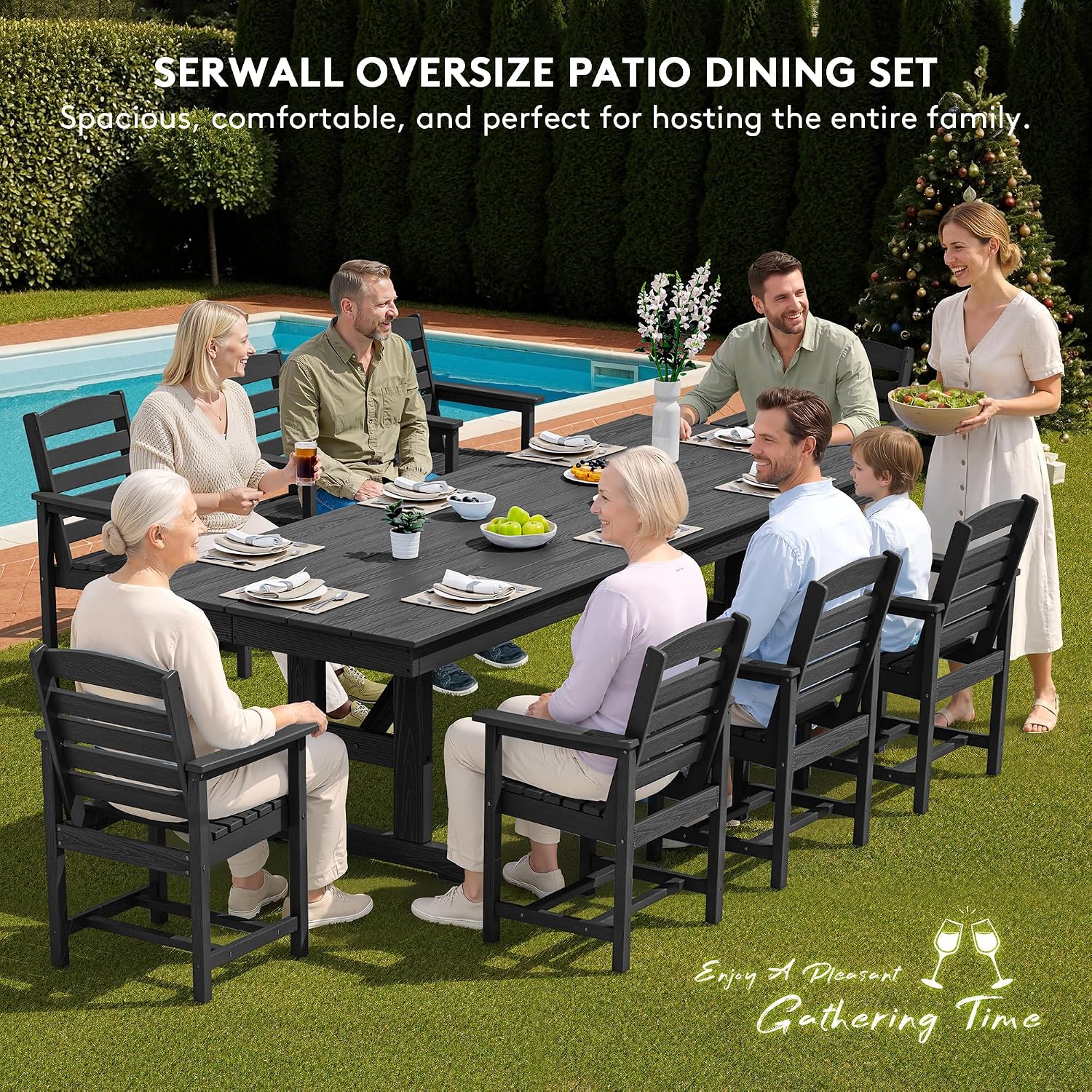 SERWALL 9 Piece Outdoor Dining Set, 84' HDPE Outdoor Table and Chairs for 8，All Weather Patio Dining Furniture Set with Umbrella Hole for Backyard, Garden, Black