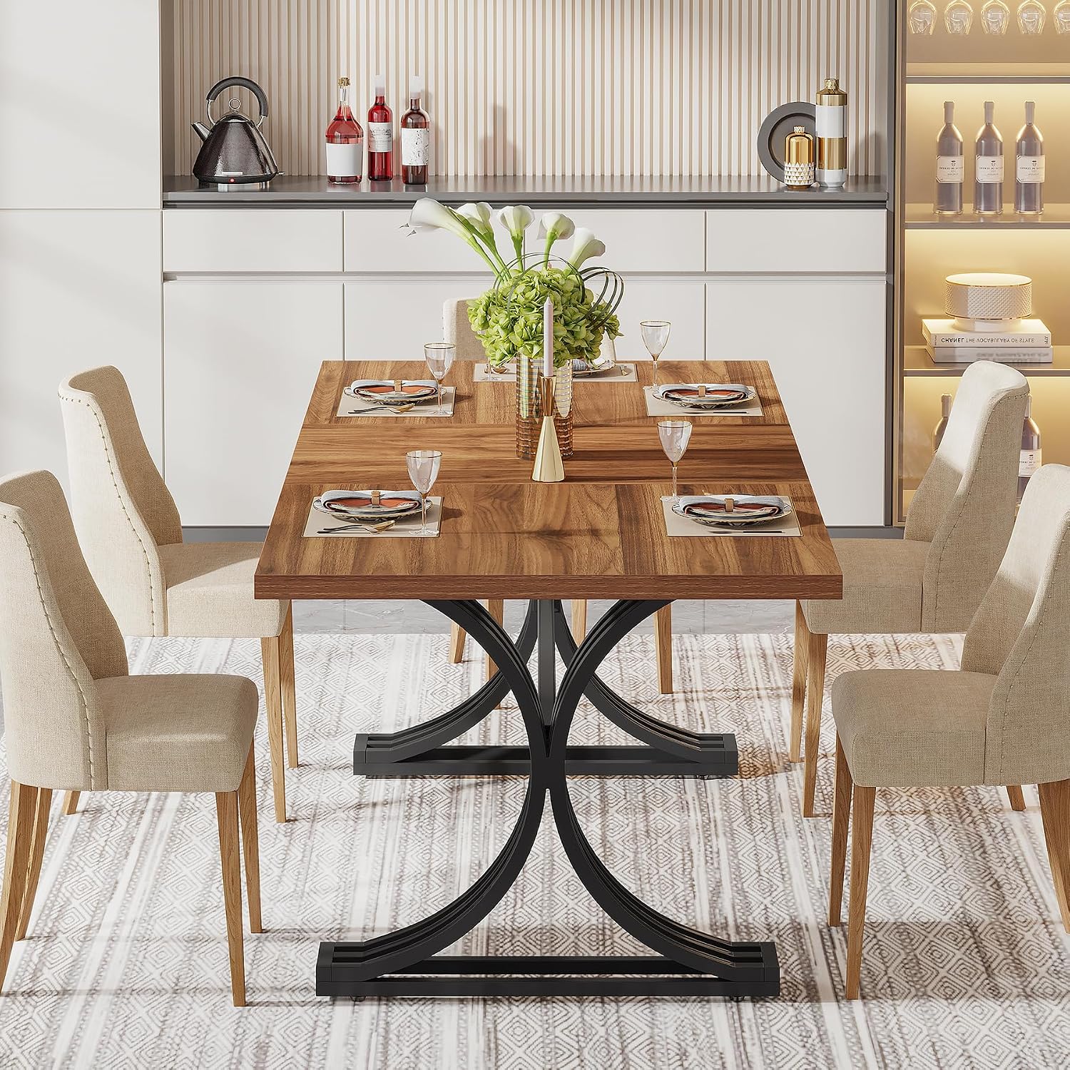 Tribesigns 63-Inch Rectangular Dining Table for 4 to 6, Modern Kitchen Table with Stylish Metal Trestle Legs, Large Dinner Table for Dining Room, Chair Not Included (Rustic Brown and Black)