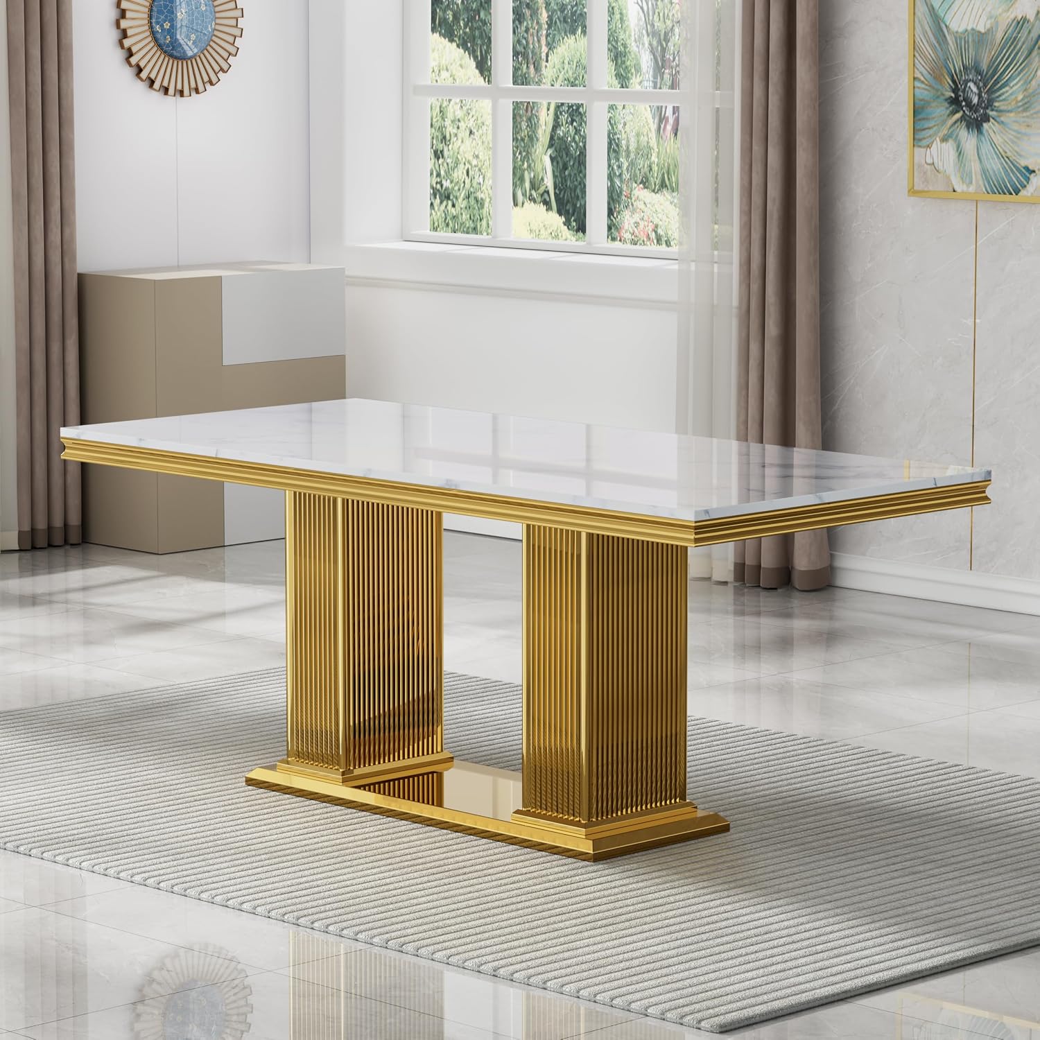 68' White Marble Dining Table for 6 to 8, Luxury Large Rectangular Faux Marble Tabletop & Gold Double Pedestal Base, Mid Century Modern Kitchen Dining Room Table for Dinner Family Gathering