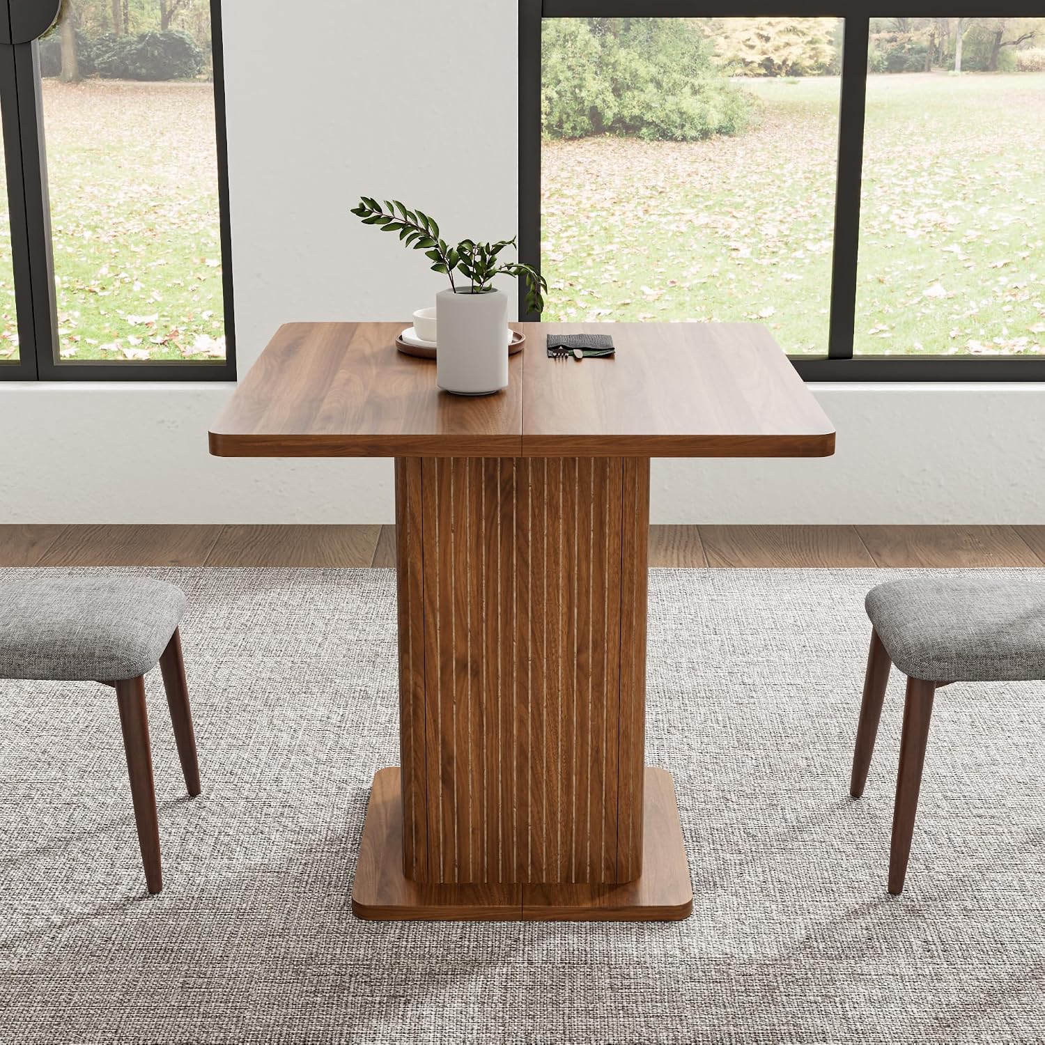 Small Square Dining Table for 2-4, 31.5 Inch Farmhouse Kitchen Table with 2-Tier Storage Shelf, Modern Wood Dinner Furniture with Fluted Doors, Dining Room, Living Room, Space Saving, Walnut