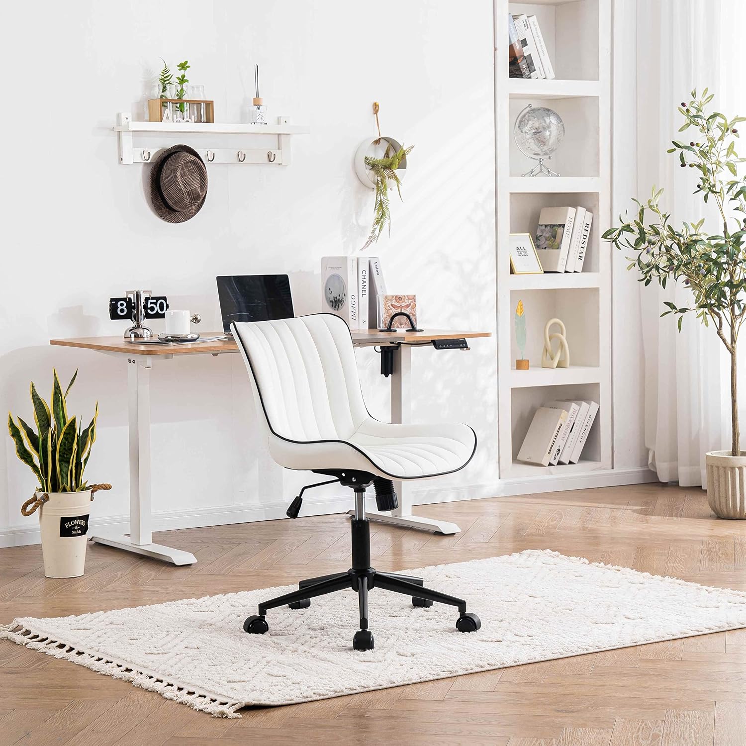 YOUNIKE White Armless Office Chair Faux Leather Small Cute Desk Chair with 12° Rocking Back Adjustable Height Swivel Vanity Chair Ergonomic Compact Home Computer Rolling Task Chair for Small Spaces