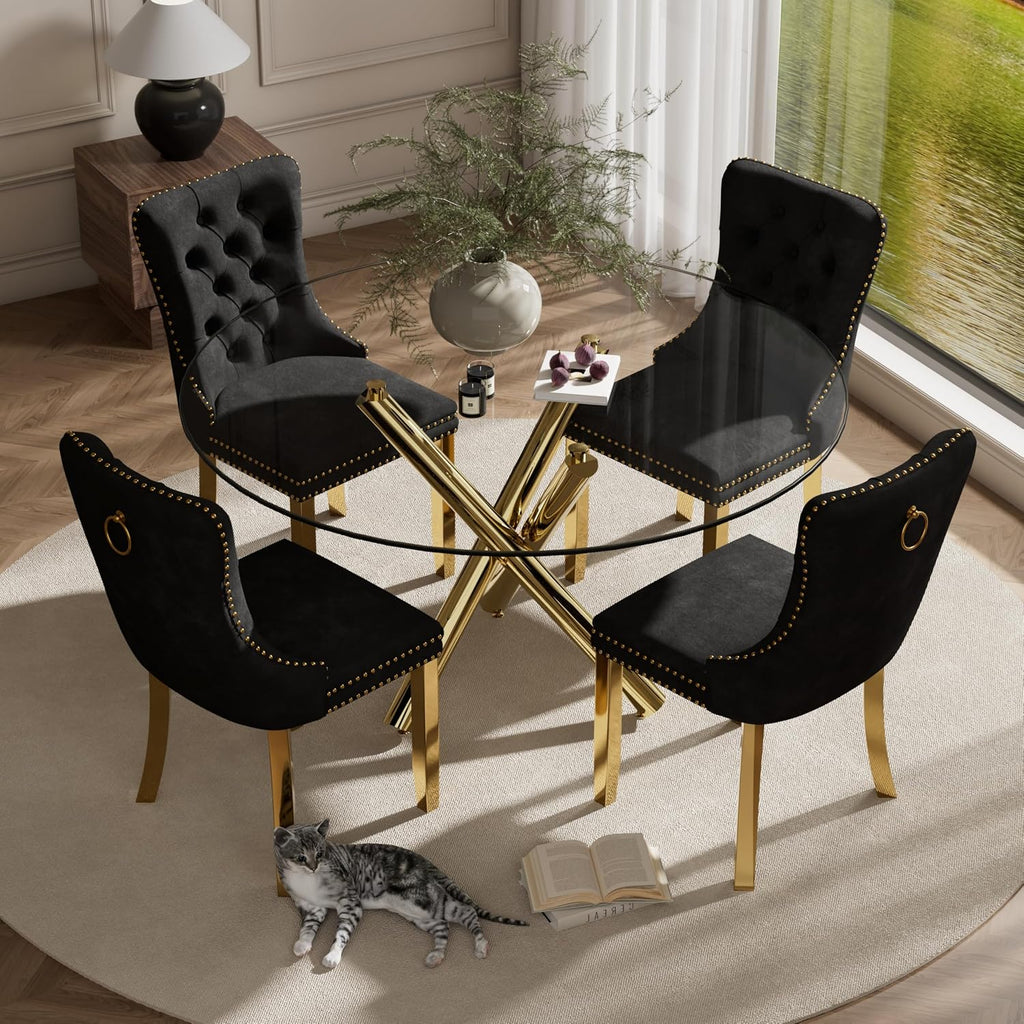 5 Piece Golden Luxury Round Glass Dining Set, Modern Minimalist Circle Kitchen Table Set for 4, 47'' Clear Circular Glass Top Dinner Room Set, Black High-end Tufted Chairs, for Large Place