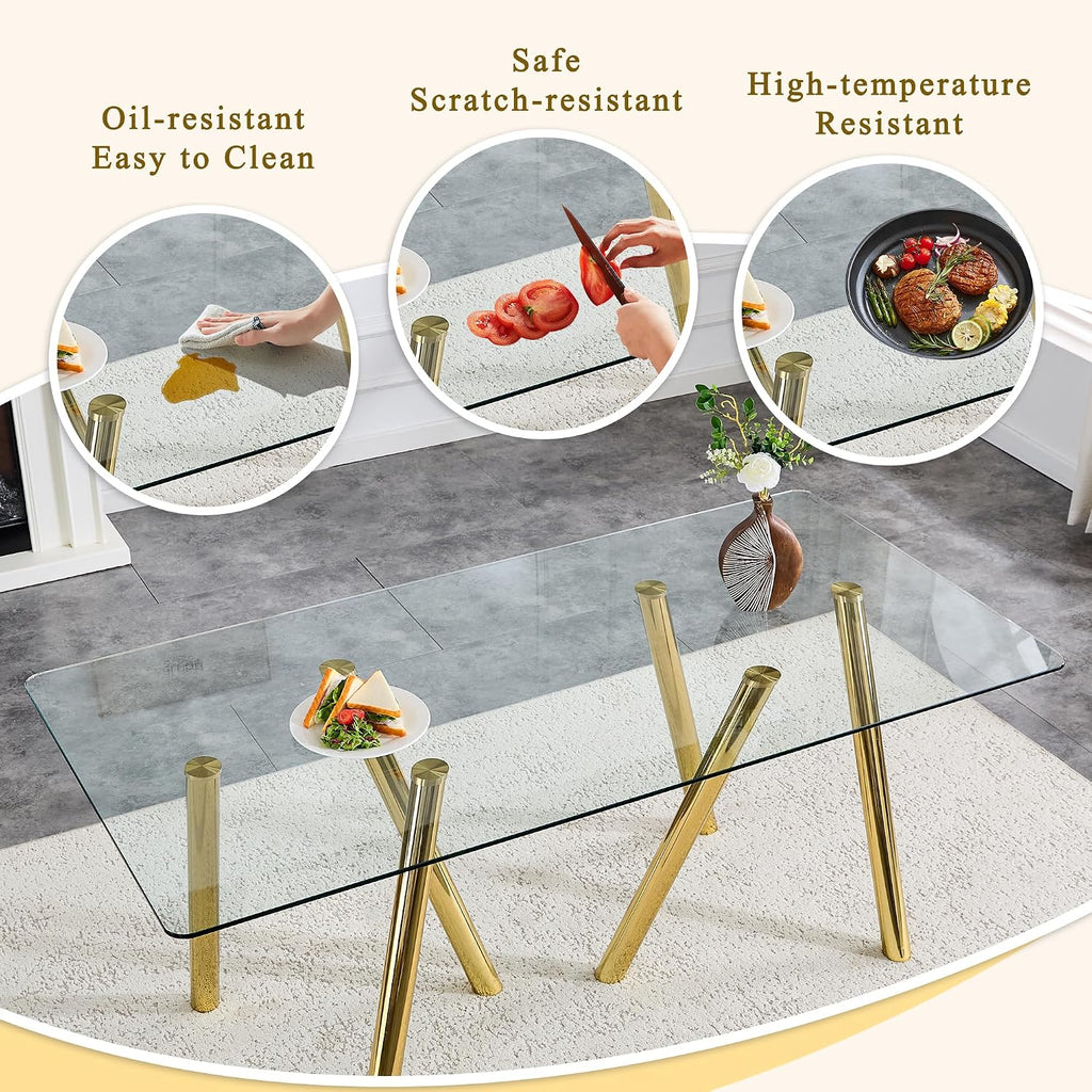 71' Glass Gold Dining Table for 4 6, Modern Kitchen Dining Room Table with 0.39' Thick Tempered Glass Tabletop and Metal Legs, Large Rectangle Dinner Tables for Home Kitchen Living Room