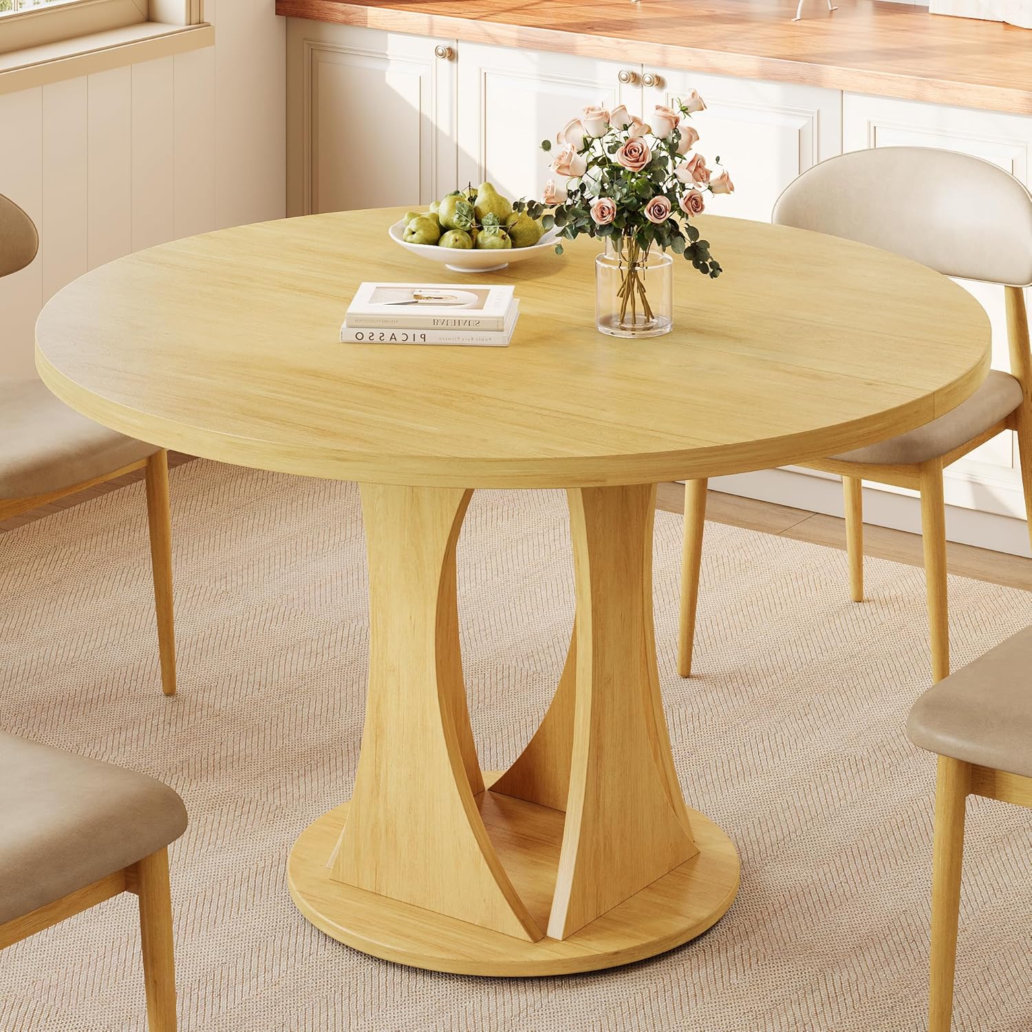 Einhomn Round Dining Table for 4-6, Kitchen Table with Sturdy Double Arc & Rounded Base & Backboard Clasp Desktop, Mid-Century Modern Circle Dinner Table for Dining Living Room, Space Saving, Natrual