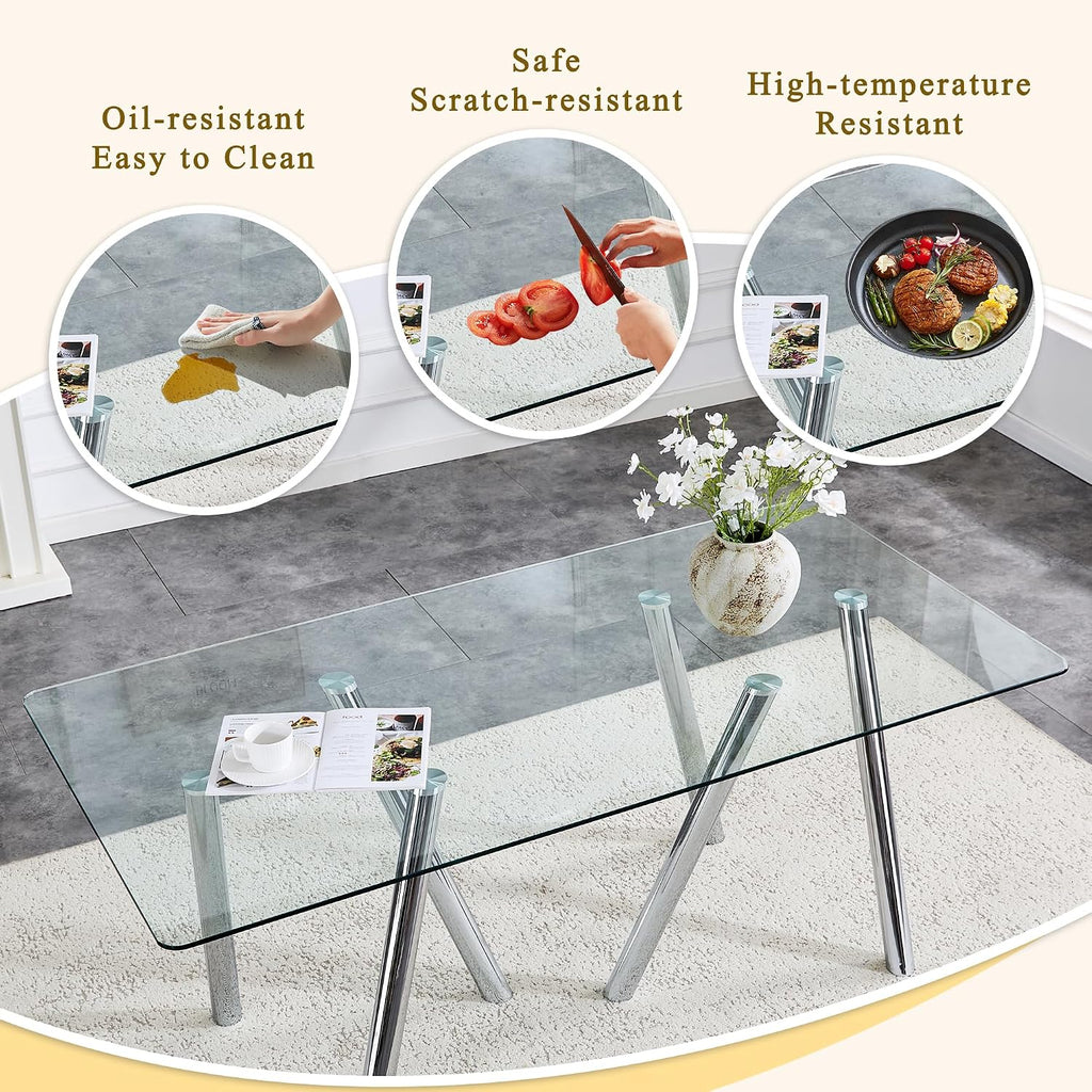 71' Glass Silver Dining Table for 4 6, Modern Kitchen Dining Room Table with 0.39' Thick Tempered Glass Tabletop and Metal Legs, Large Rectangle Dinner Tables for Home Kitchen Living Room