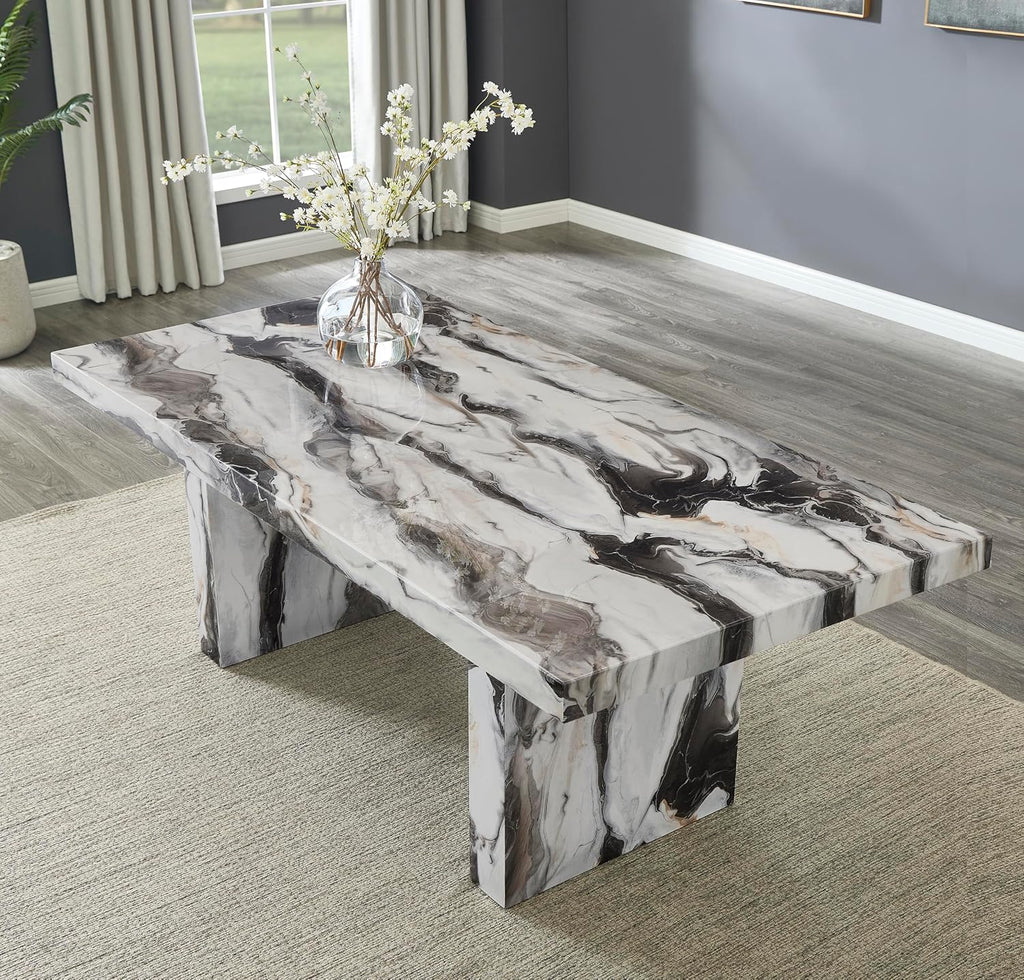 Roundhill Furniture Cavira Modern Faux Marble Dining Table with Double Pedestal Base