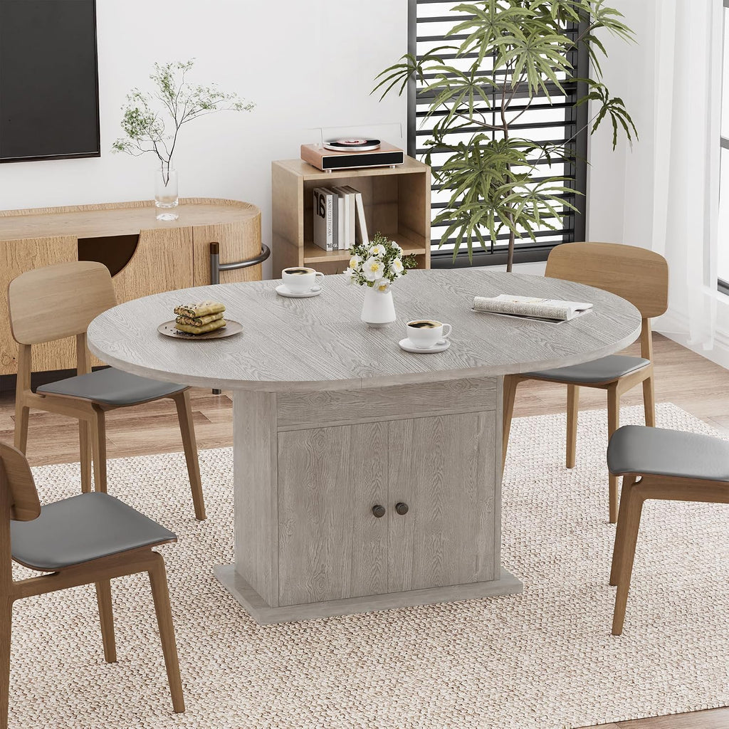 43.3in-59in Extendable Round Dining Table for 4-8, Modern Expandable Kitchen Oval Dining Table, Space Saving Circle Dining Room Table with Storage Shelf for Kitchen Living Room (Grey)