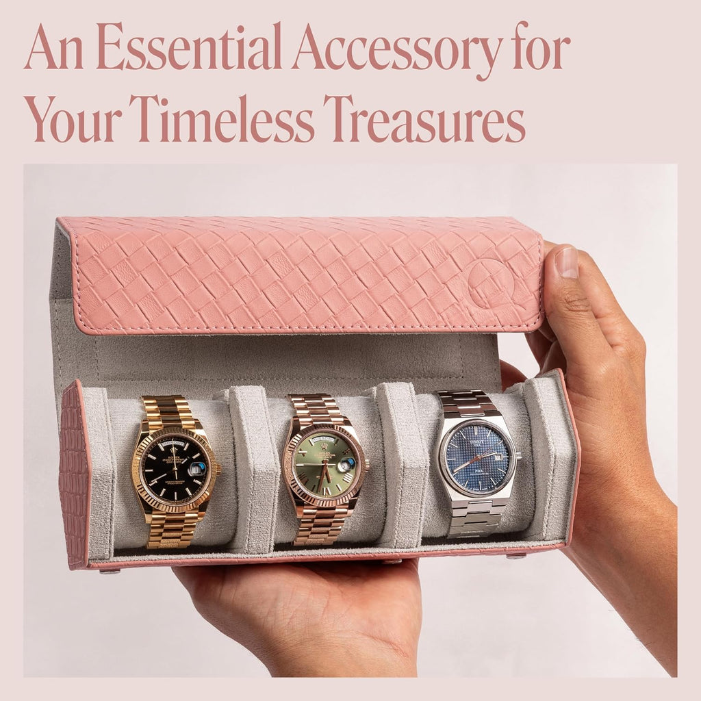 QWATCHBANDS Ladies Leather Watch Rolls for Women - Hexagon Triple Watch Roll Travel Case for 3 Watches - Storage Organizer Genuine Leather with Velvet Interior Display (Woven Pink/Gray)