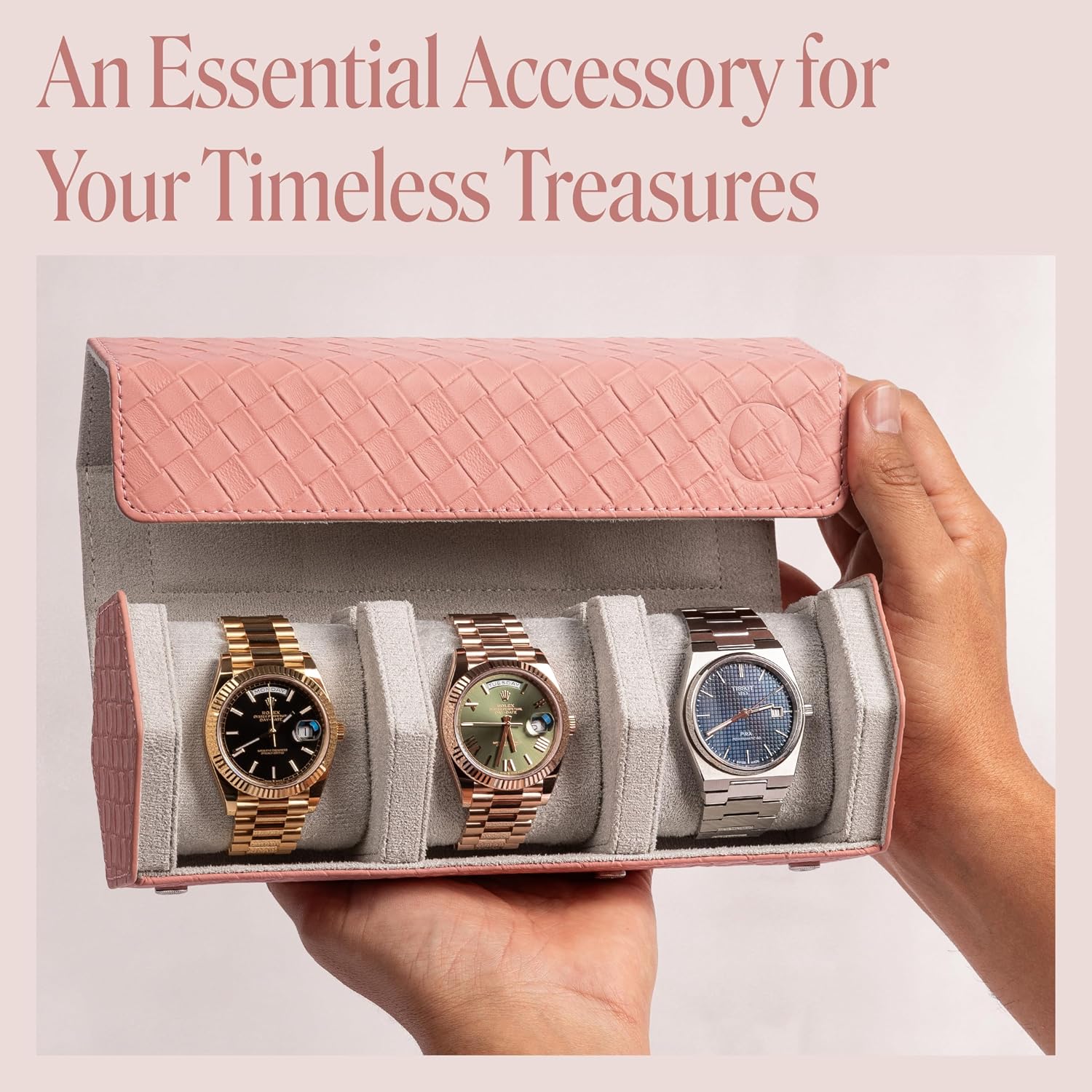QWATCHBANDS Ladies Leather Watch Rolls for Women - Hexagon Triple Watch Roll Travel Case for 3 Watches - Storage Organizer Genuine Leather with Velvet Interior Display (Woven Pink/Gray)