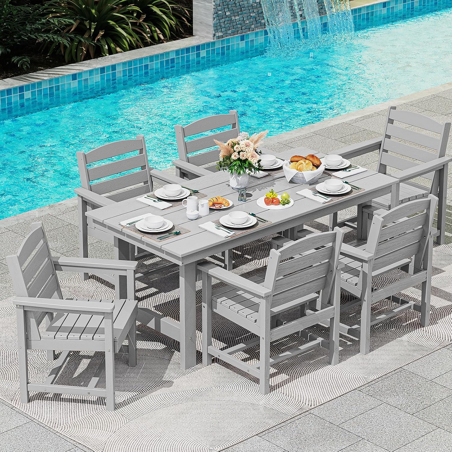 SERWALL 8-Piece Patio Dining Sets with 15FT Double Side Patio Umbrella, Outdoor HDPE Dining Furniture Set with Umbrella Hole Cut-Out Table and 6 Chairs, Light Gray（Umbreall Base not Included）