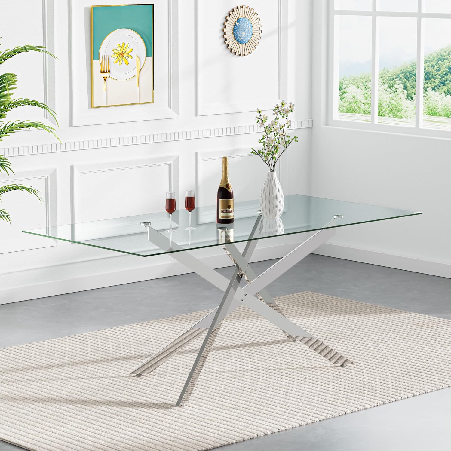 60' Glass Dining Table Modern Kitchen Table for 4-6 People, Contemporary Rectangular Dining Room Dinner Tables with Clear Glass Top & Silver Metal X Legs for Kitchen Apartment