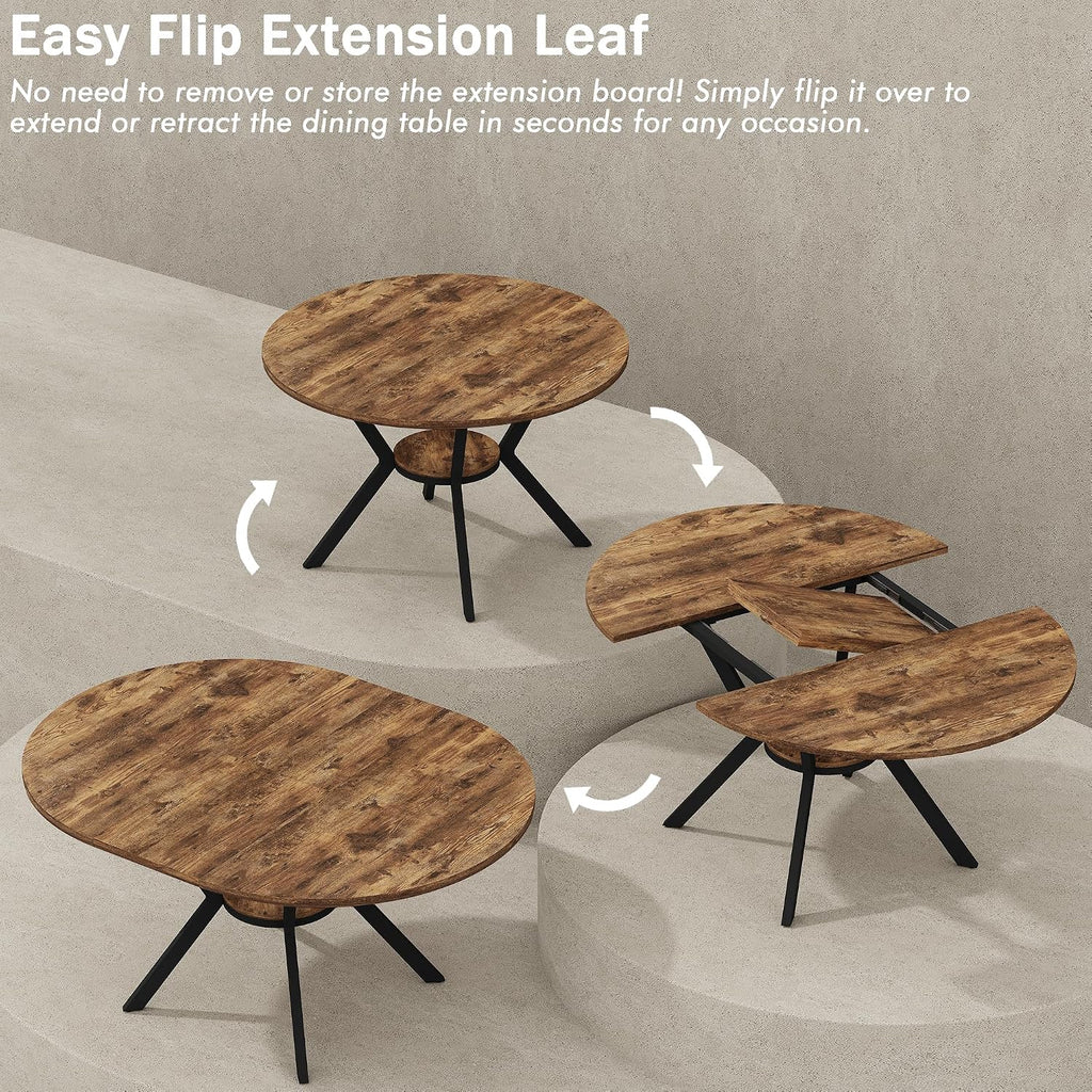 42'-58' Extendable Oval Dining Table for 4-6, Kitchen Round Table with Hidden Leaves & Storage Shelf, Space Saving Modern Design with Sturdy Metal Legs for Kitchen, Dining Room & Small Apartments