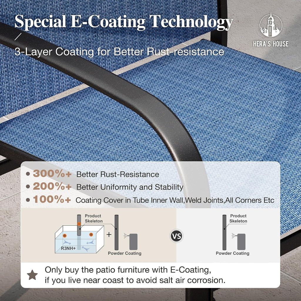 HERA'S HOUSE 5 Pieces Patio Table and Chairs Set, Outdoor Dining Furniture for 4, 42' Black Metal Round Dining Table with Umbrella Hole, 4 x Blue Textilene Chairs for Lawn Garden Backyard Deck